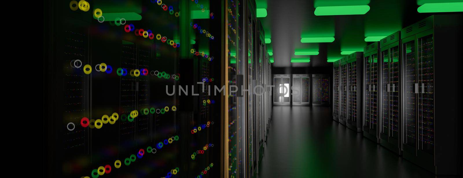 Server room data center. Backup, mining, hosting, mainframe, farm and computer rack with storage information. 3d render by kwarkot