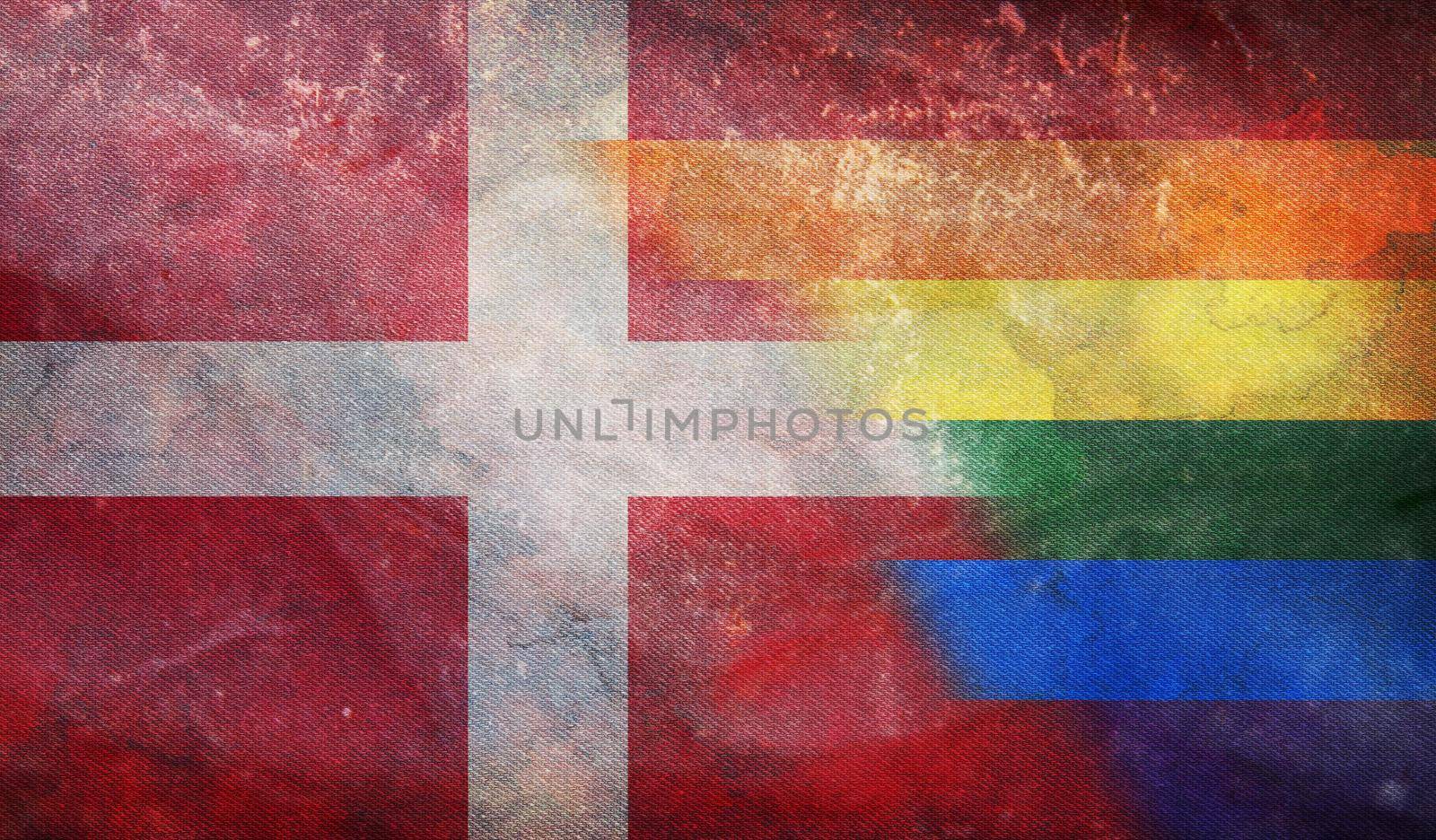 Top view of national lgbt retro flag of denmark with grunge texture, no flagpole. Plane design, layout. Flag background. Freedom and love concept, Pride month. activism, community and freedom