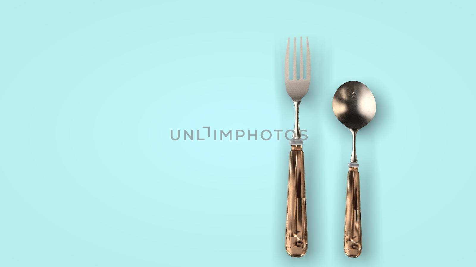 Steel cutlery on a light background, rotation. 3D rendering.