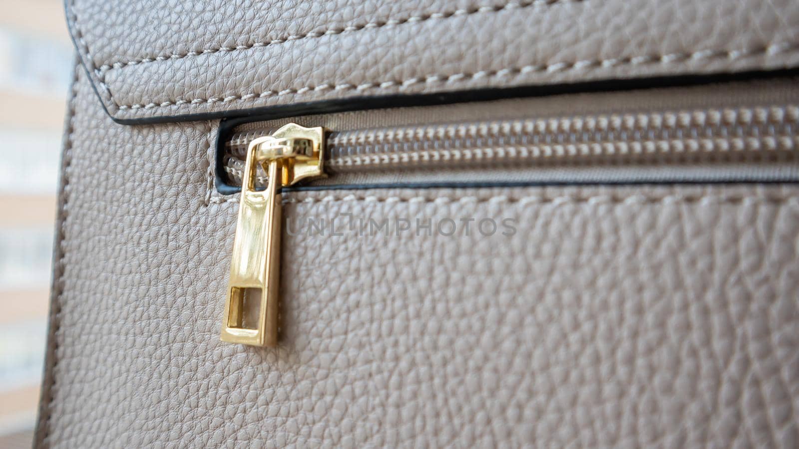 Natural or artificial leather texture. Fragment of a beige or powdery bag with a zipper and stitching. Zipper or clasp bag design element. Bovine skin texture with snake. Macro photo, selective focus