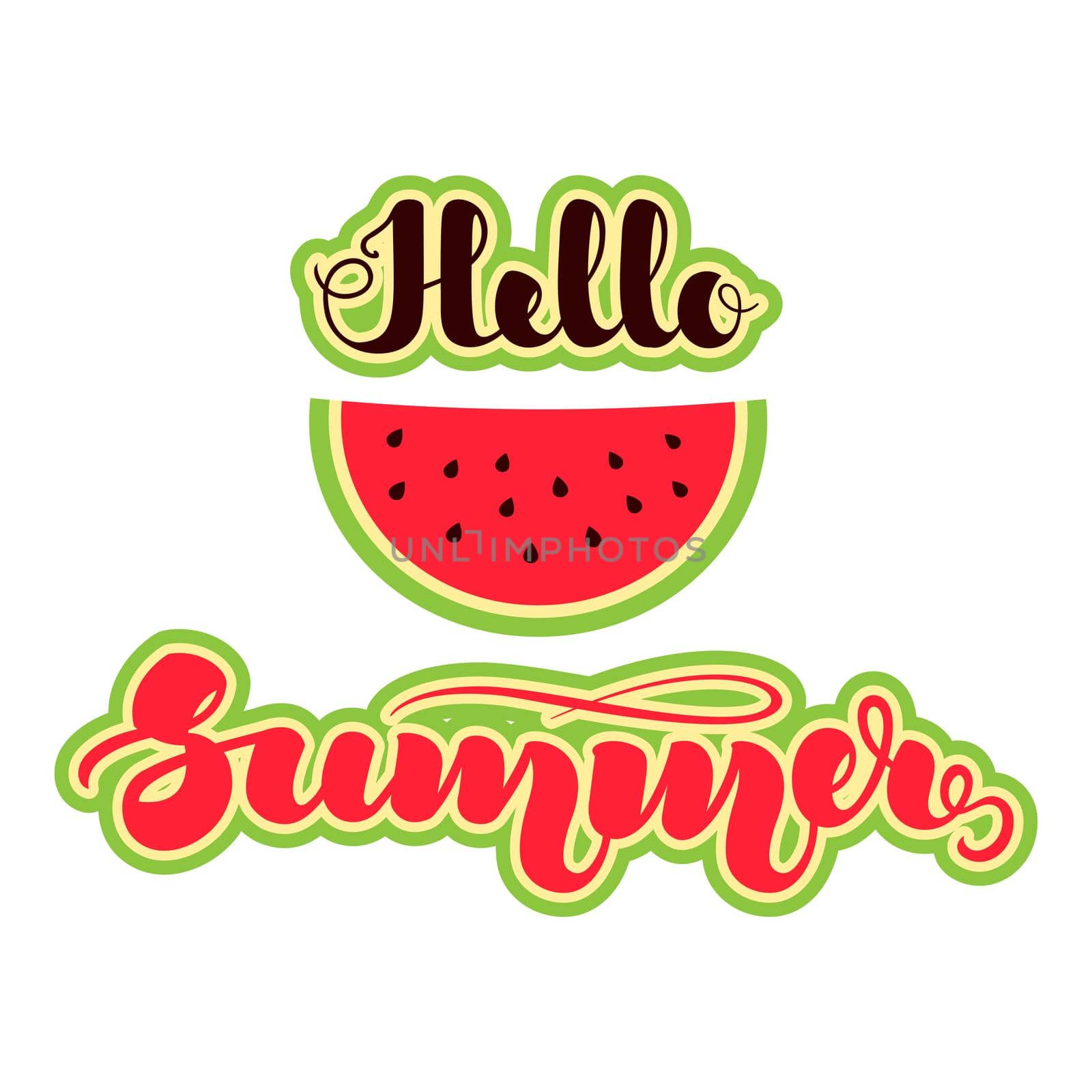 Watermelon in flat style and handwritten lettering Hello Summer . illustration isolated on white background. .