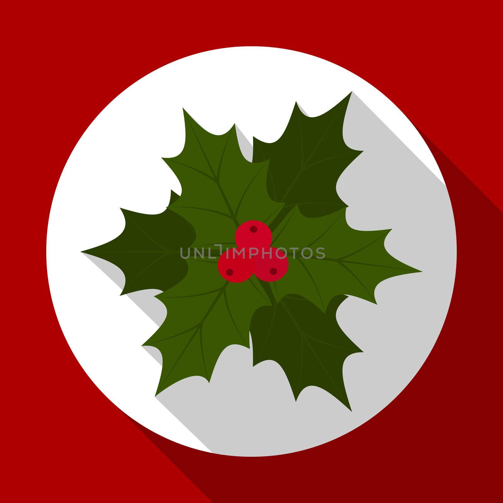 Holly berry on red background with long shadow. illustration for Christmas and New Year card. Flat design. .