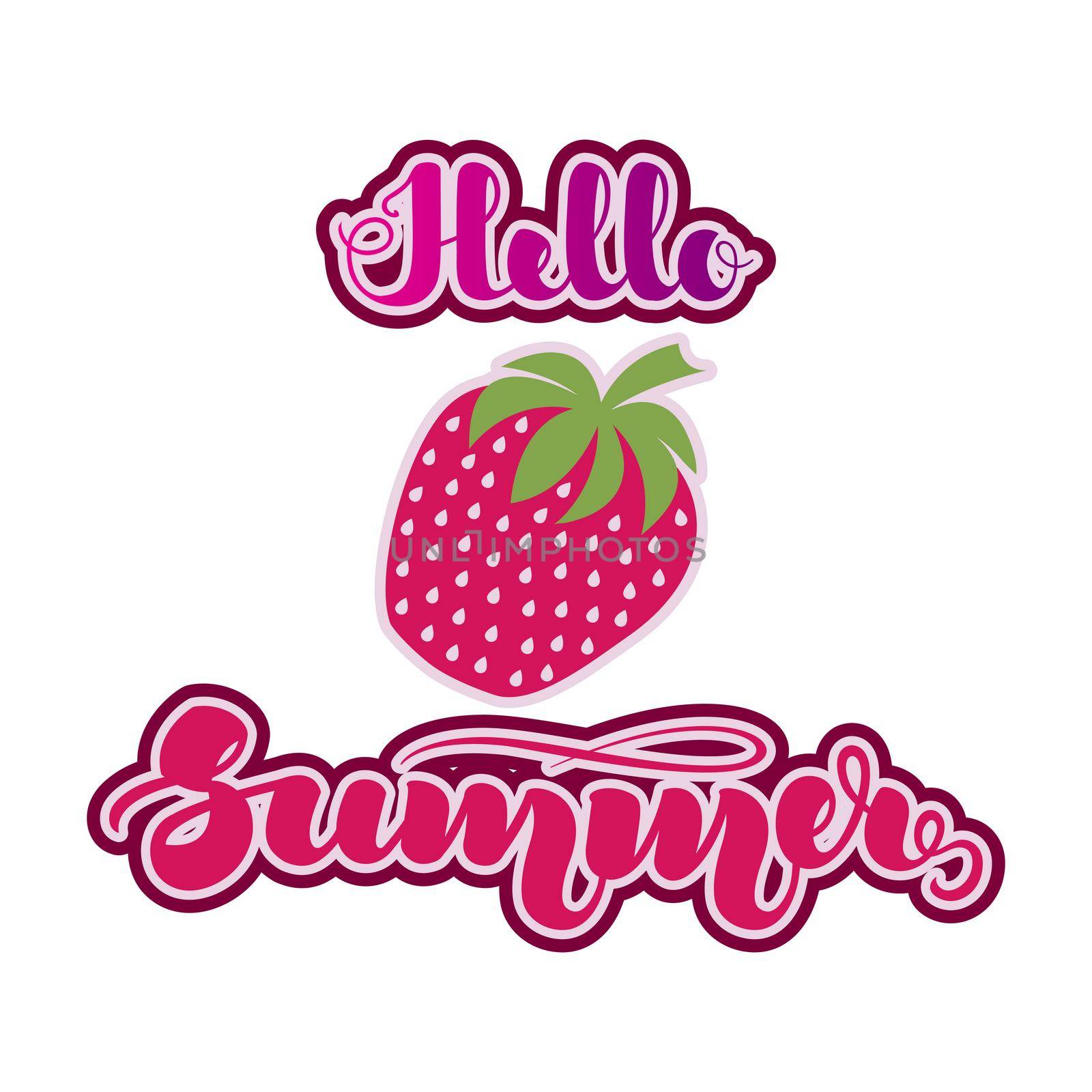 Strawberry in flat style and handwritten lettering Hello Summer . illustration isolated on white background. .