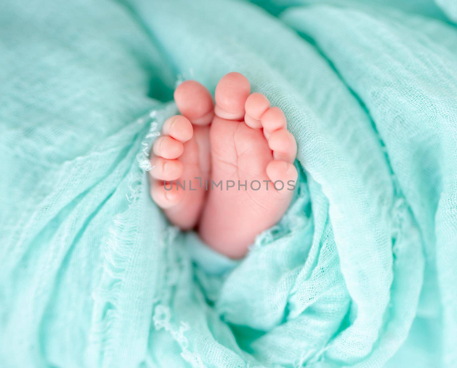 Close up of newborn baby feet covered with blue soft blanket