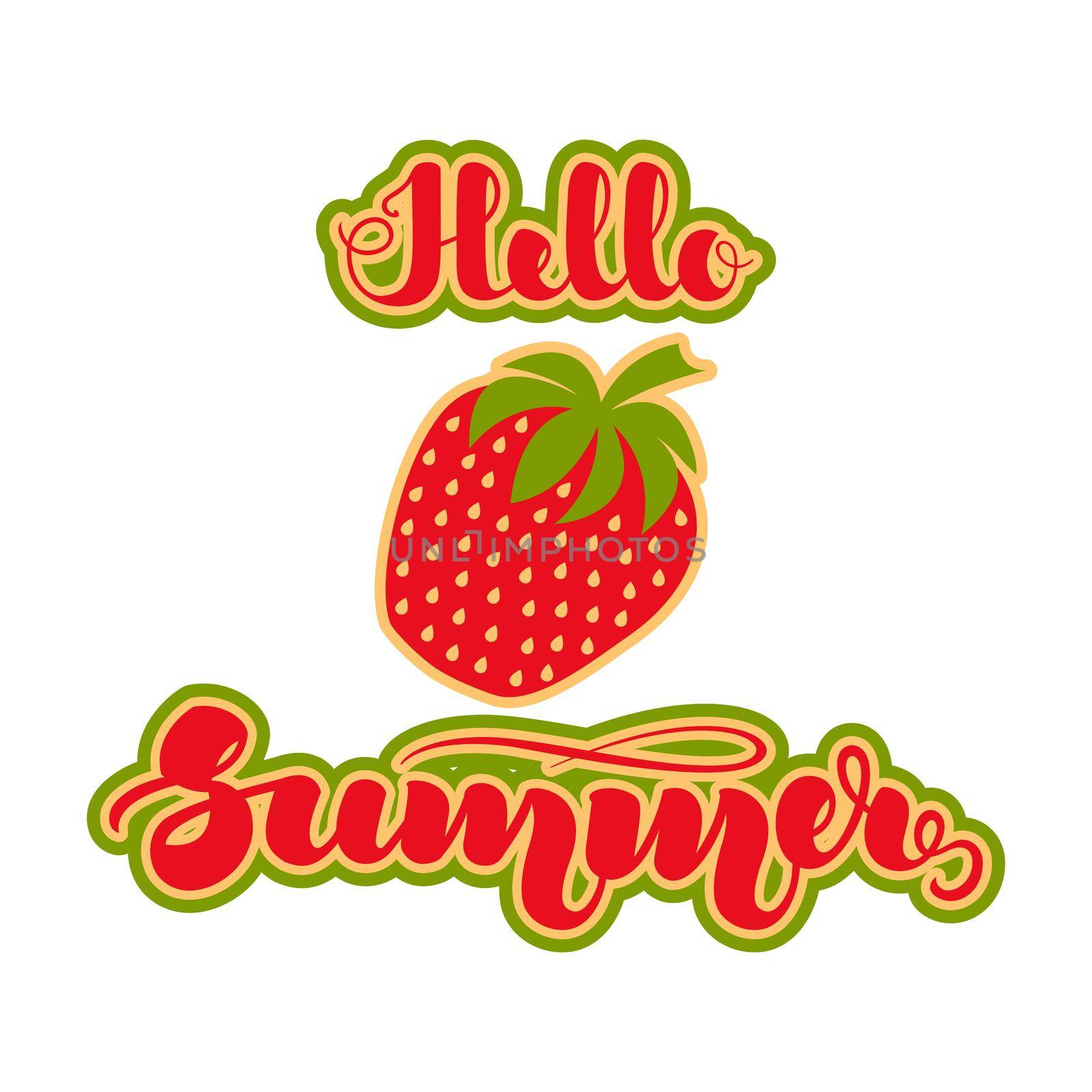 Strawberry in flat style and handwritten lettering Hello Summer . illustration isolated on white background. .