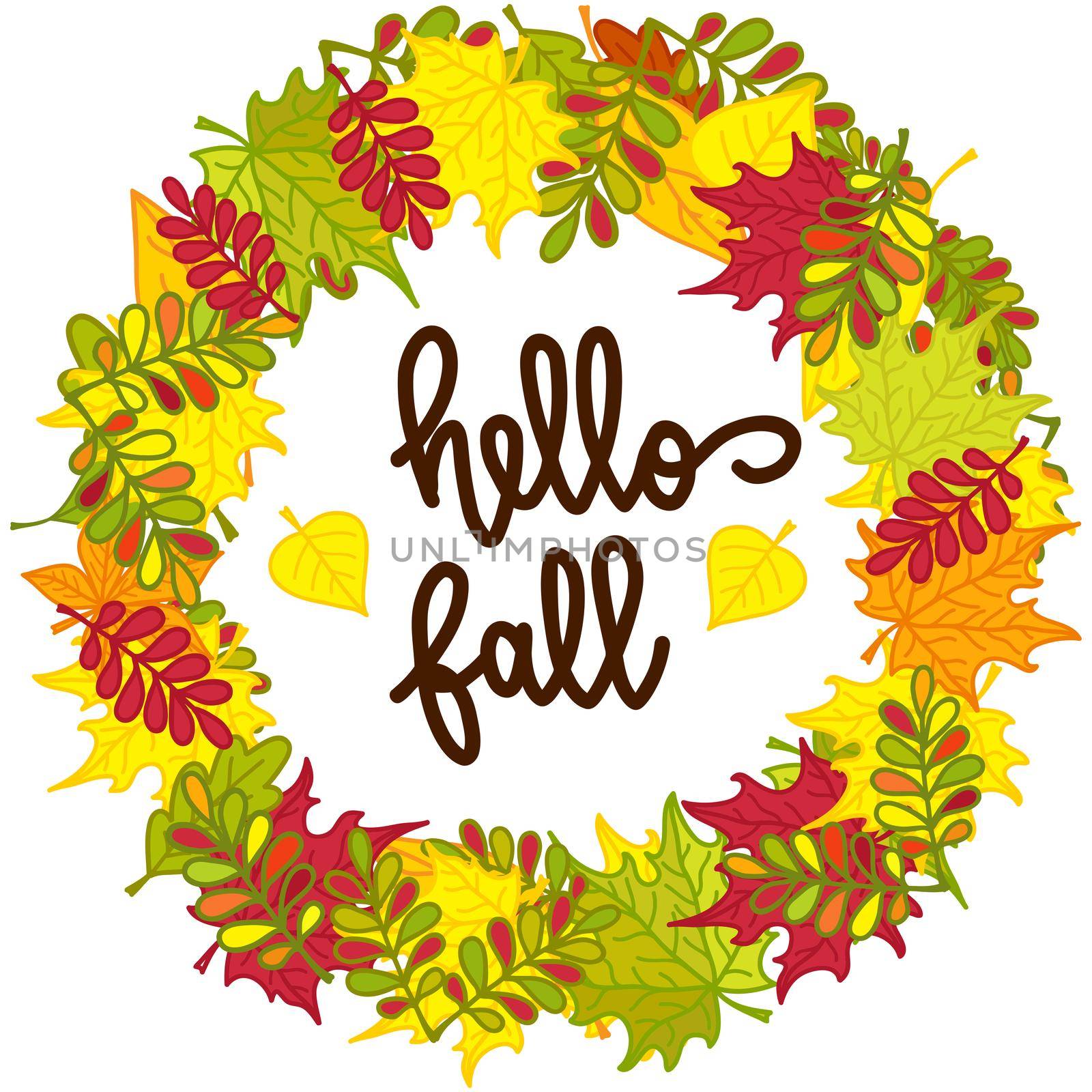 Round frame of colorful autumn leaves and hand written lettering Hello fall . Autumn wreath. illustration isolated on white background for posters, cards, invitations and much more.