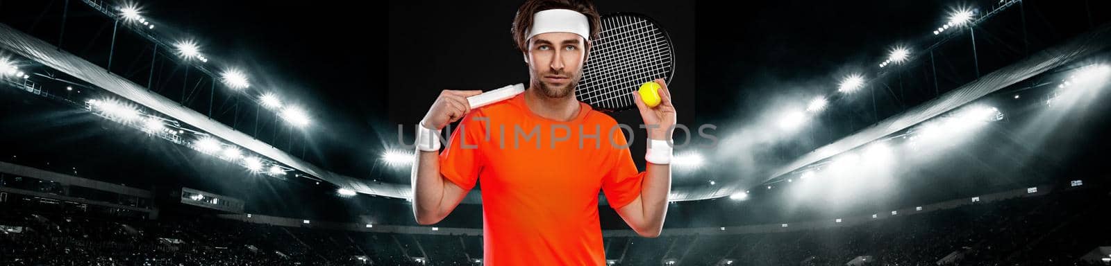Tennis player with racket in white costume. Man athlete playing isolated on light background