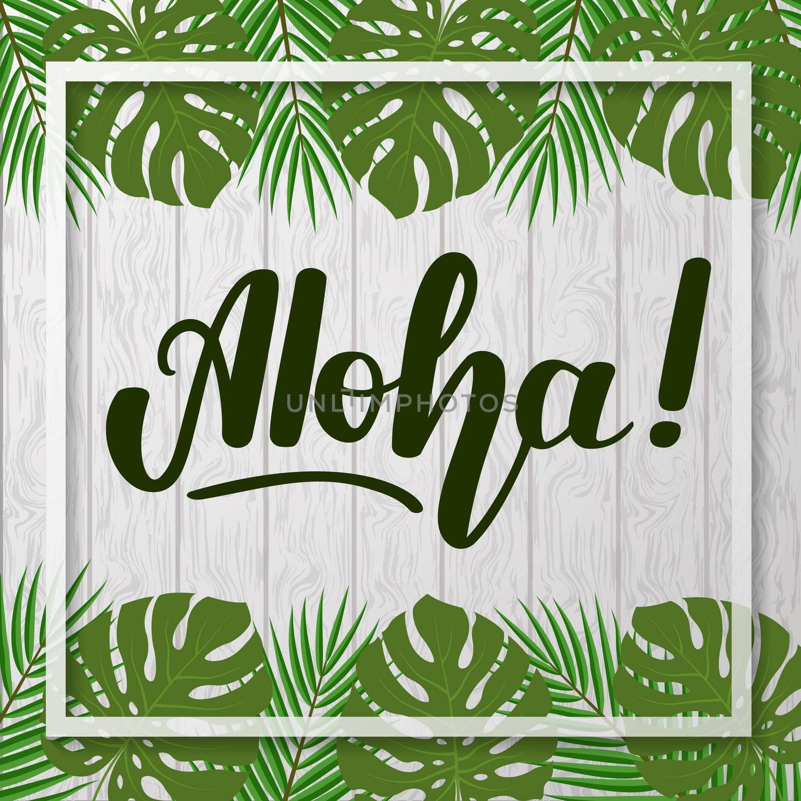 Lettering Aloha on gray wooden background with tropical leaves.