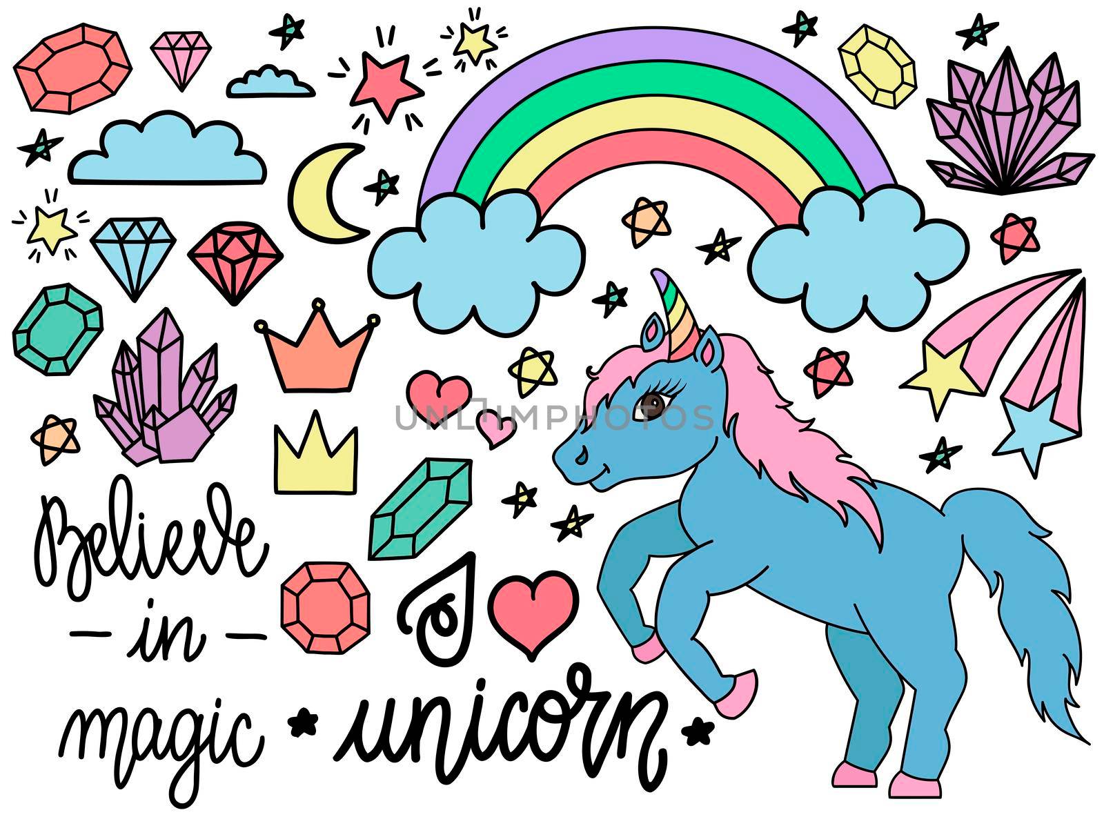 Hand drawn unicorn and other elements. Set of illustrations in doodle or cartoon style on white background.