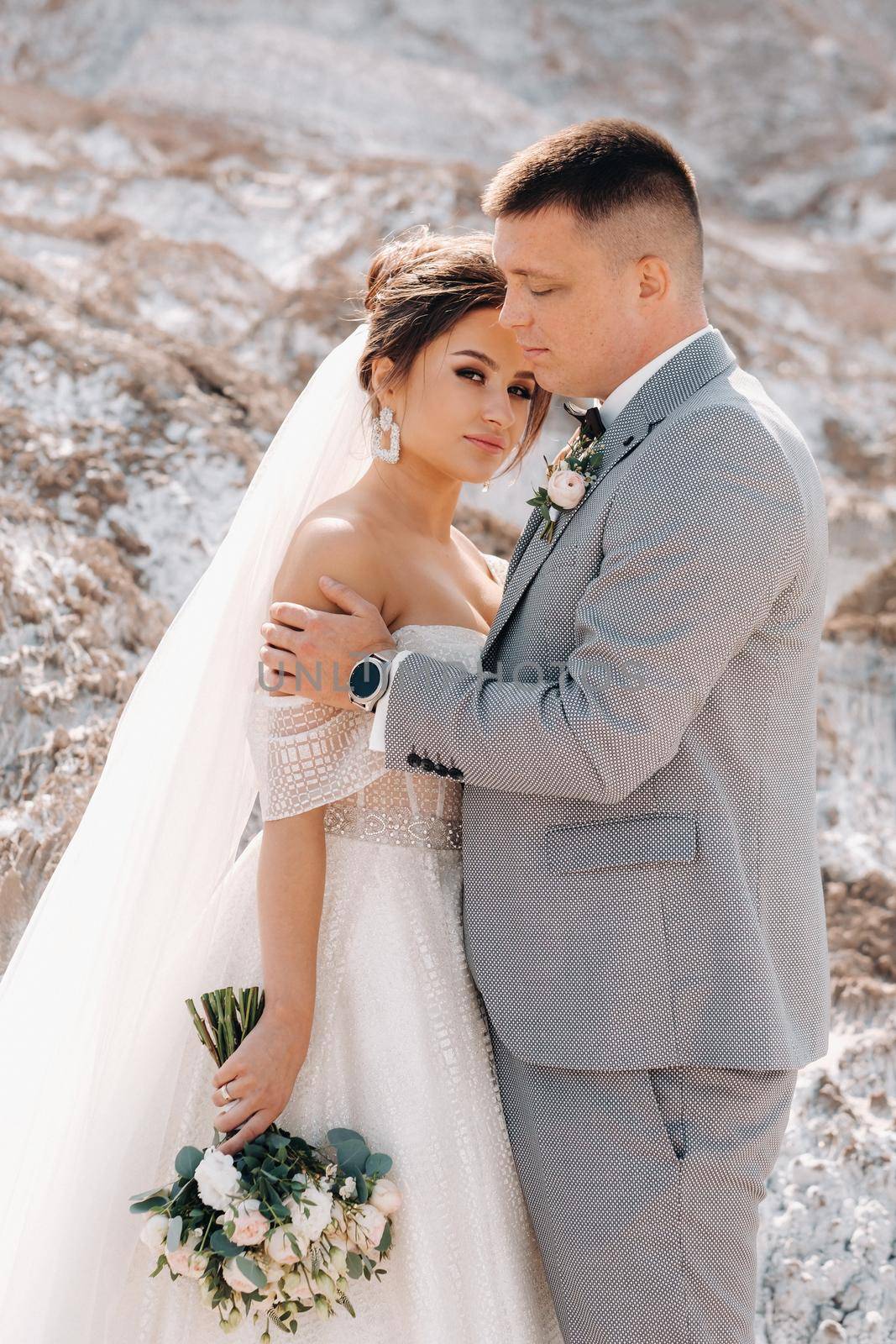 A beautiful couple of lovers posing in a white salt mountain. A young woman in a stylish wedding dress and a beautiful stylish man in a gray suit. The concept of the wedding day. by Lobachad