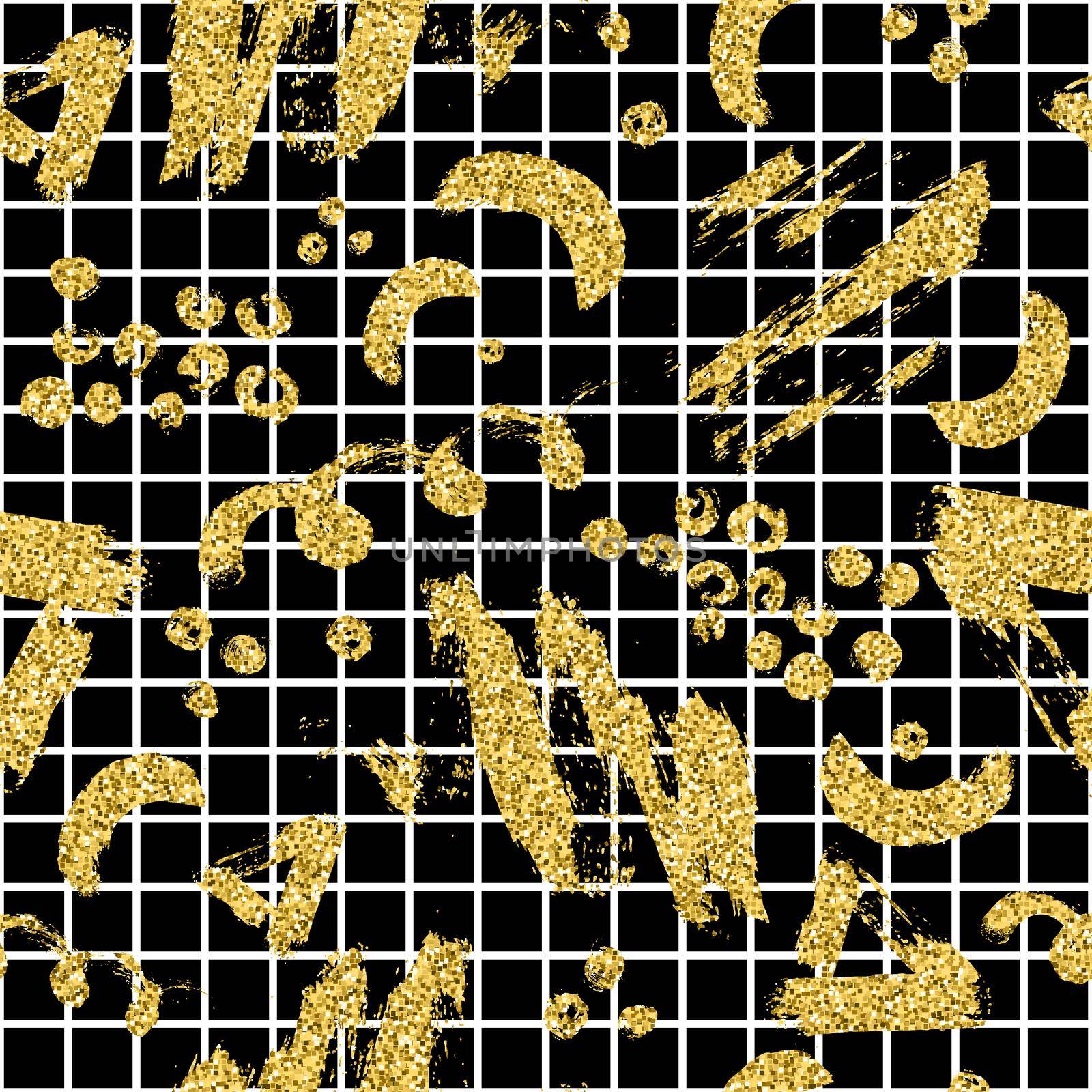 Modern seamless pattern with gold glitter brush stripe, blot and plaid. Golden, white color on black background. Hand painted metallic texture. Shiny spark elements. Fashion modern style. Repeat print by DesignAB