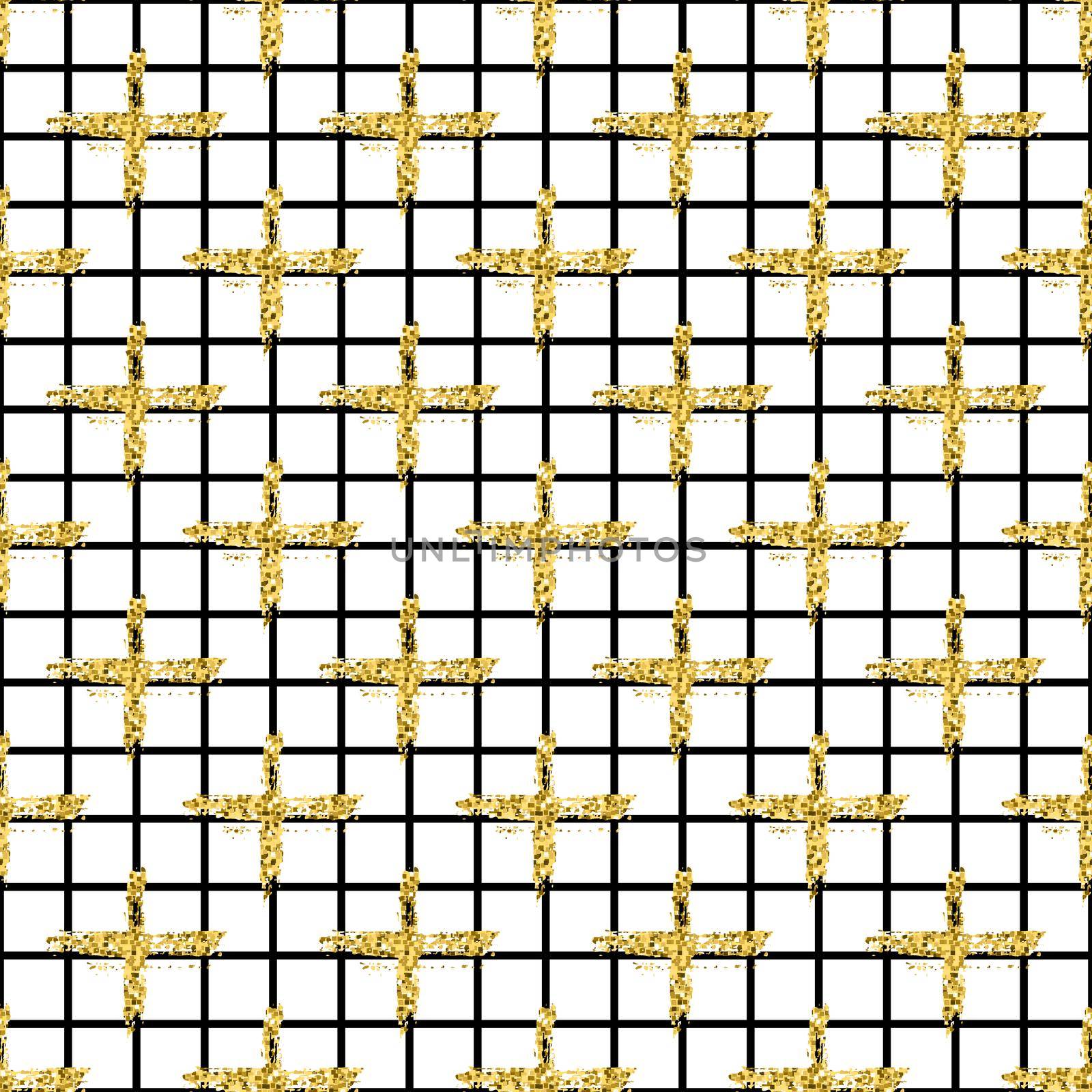 Modern seamless pattern with brush stripes plaid and cross. Black, gold metallic color on white background. Golden glitter texture. Ink geometric elements. Fashion catwalk style. Repeat fabric cloth.