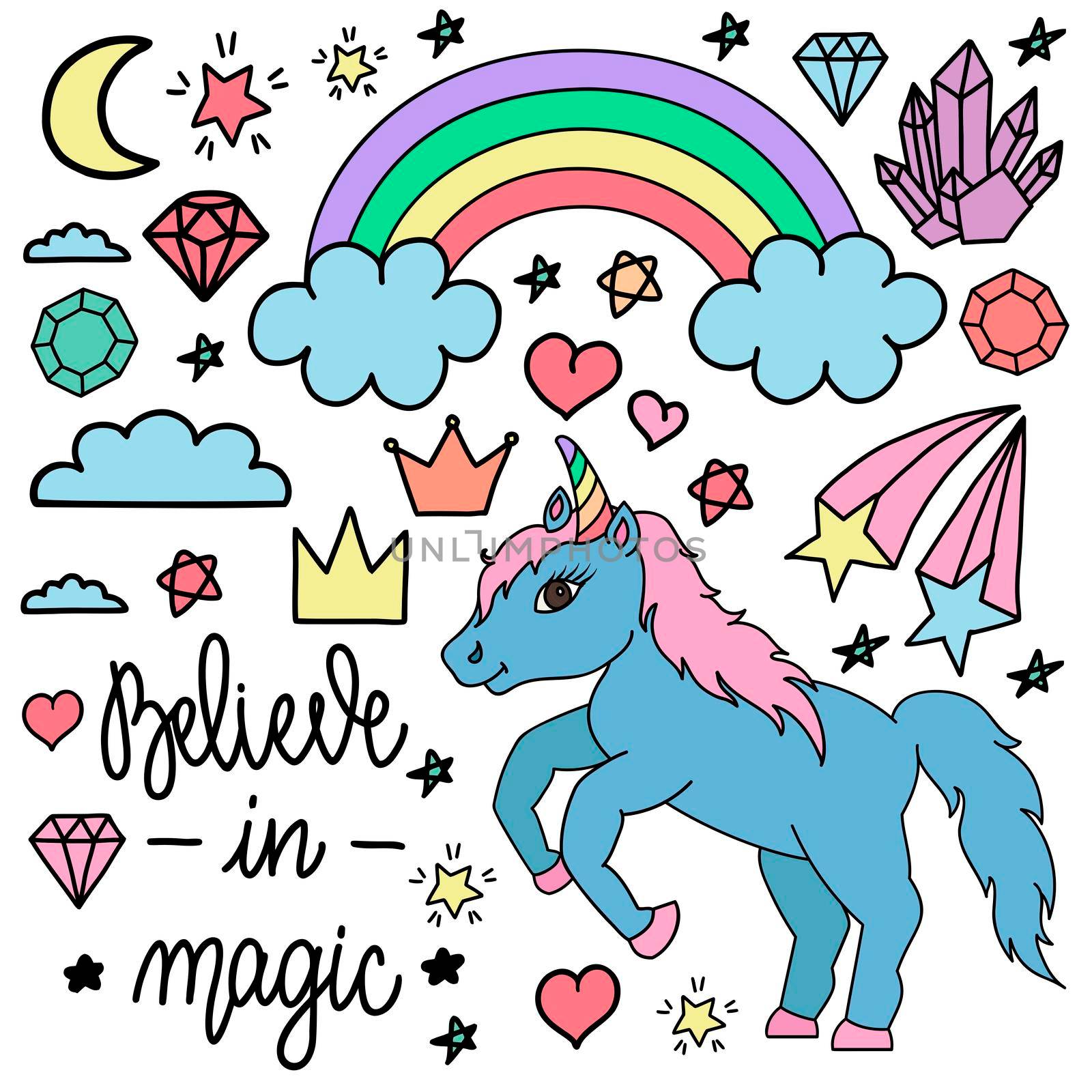 Cute unicorns and other elements. Set of illustrations in hand drawn, doodle style isolated on white background.