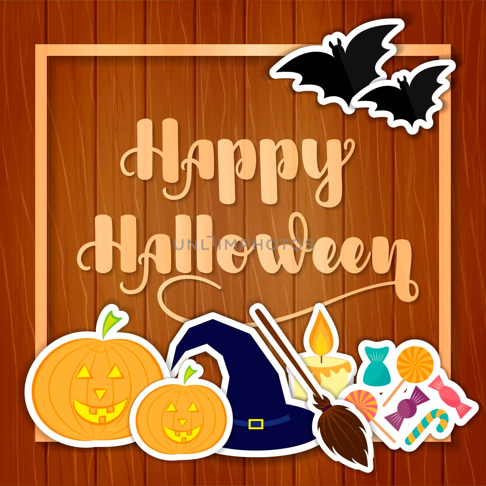 Happy Halloween. illustration with hand written lettering, pumpkins, hat, broom, candle, candies and bats. Template for greeting cards, invitations, posters and other items.