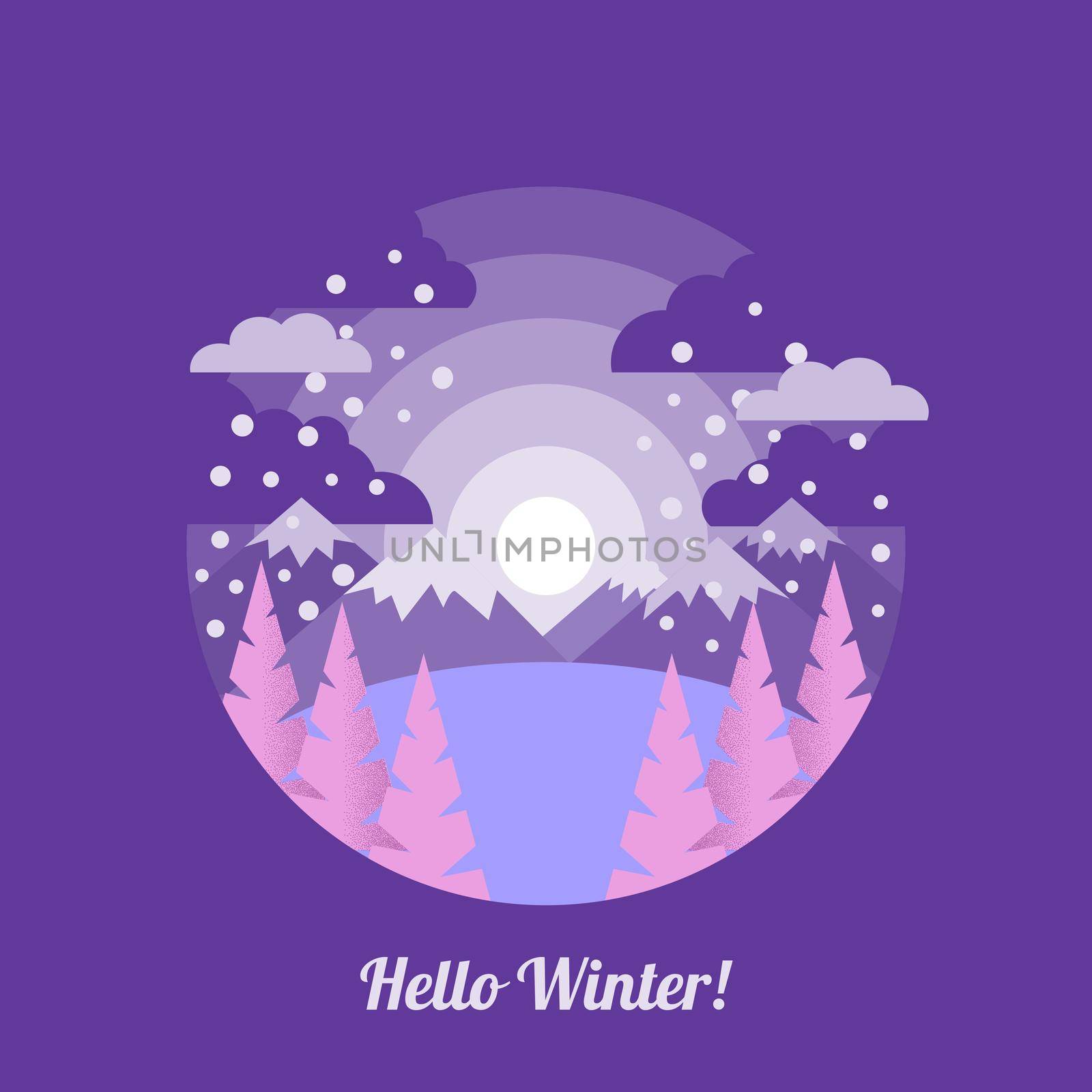 Winter landscape in flat style and inscription Hello winter . illustration for greeting cards, posters and much more.