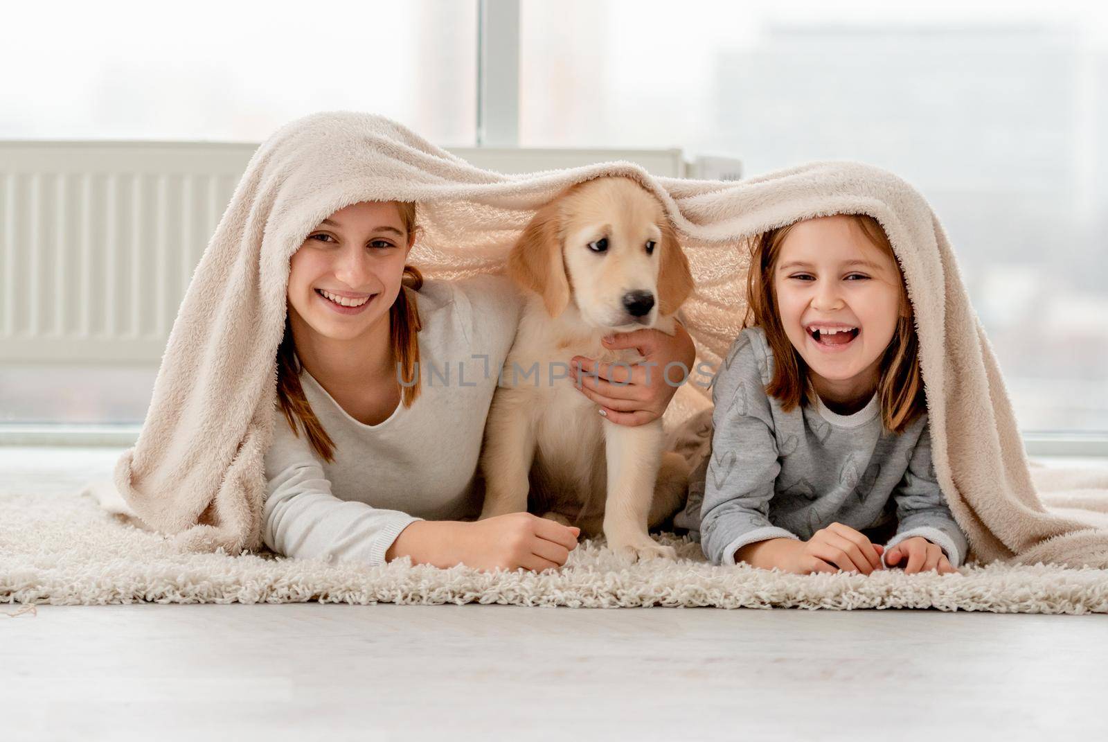 Lovely sisters and golden retriever puppy under plaid on floor in room