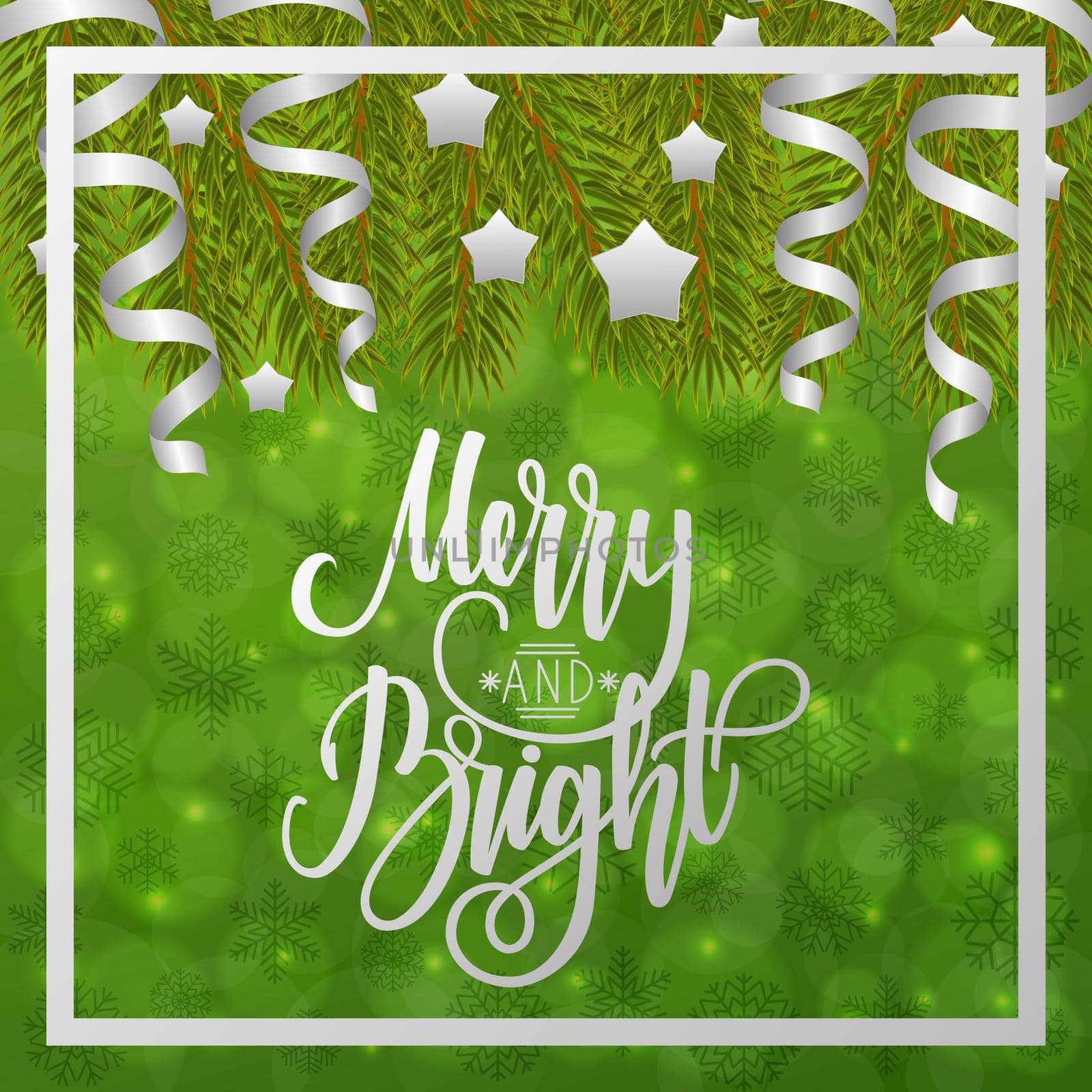Merry and bright. Handwritten lettering on blurred bokeh background with fir branches. illustrations for greeting cards, invitations, posters, web banners and much more.