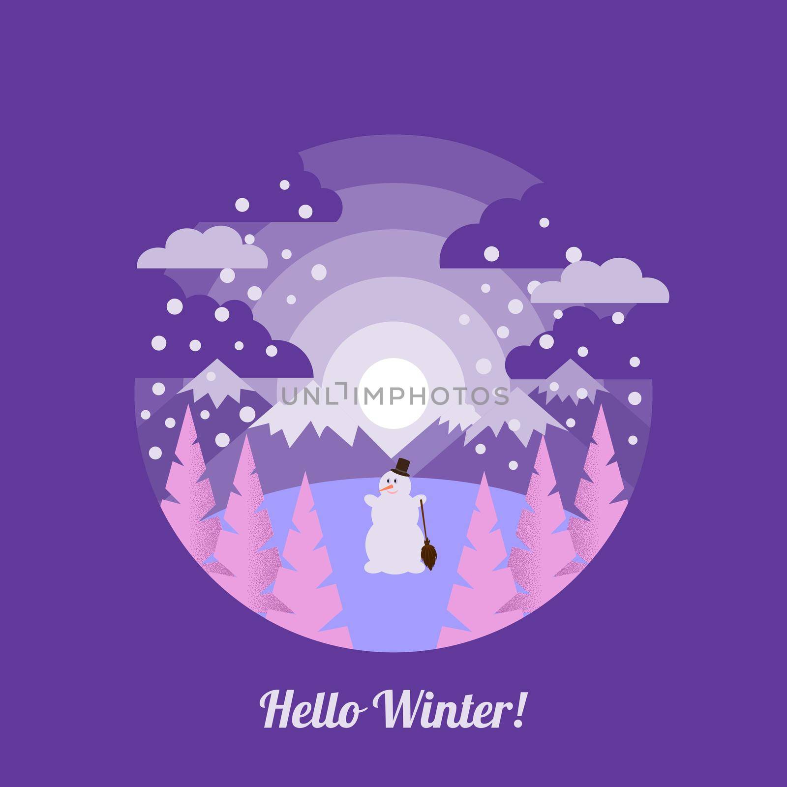 Winter landscape in flat style and inscription Hello winter . illustration for greeting cards, posters and much more.