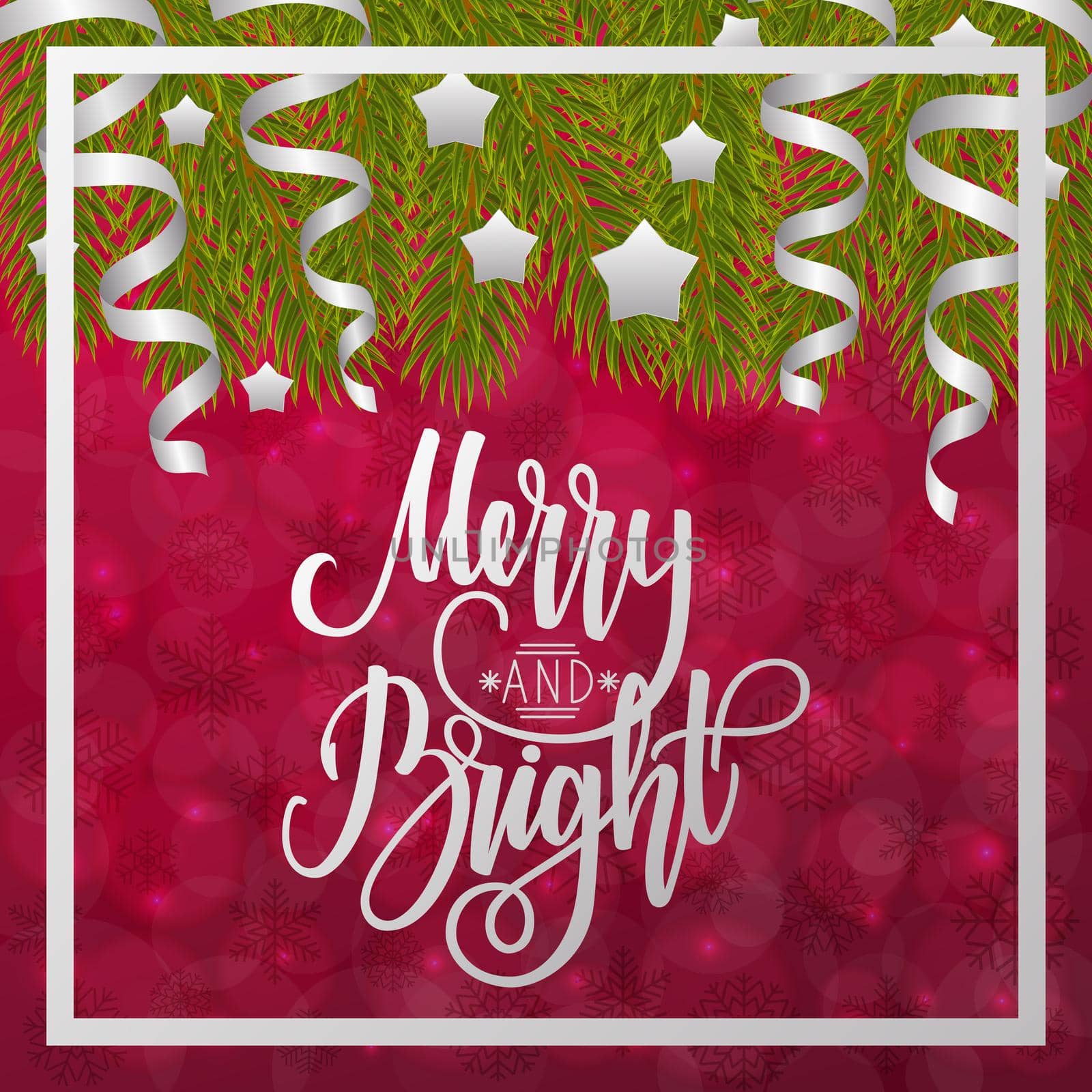 Merry and bright. Handwritten lettering on blurred bokeh background with fir branches. illustrations for greeting cards, invitations, posters, web banners and much more.