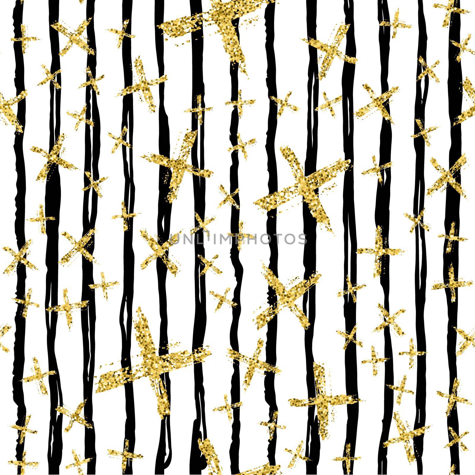 Modern seamless pattern with brush stripes and cross.Black, Gold metallic color on white background. Golden glitter texture. Ink geometric elements. Fashion catwalk style. Repeat fabric cloth print