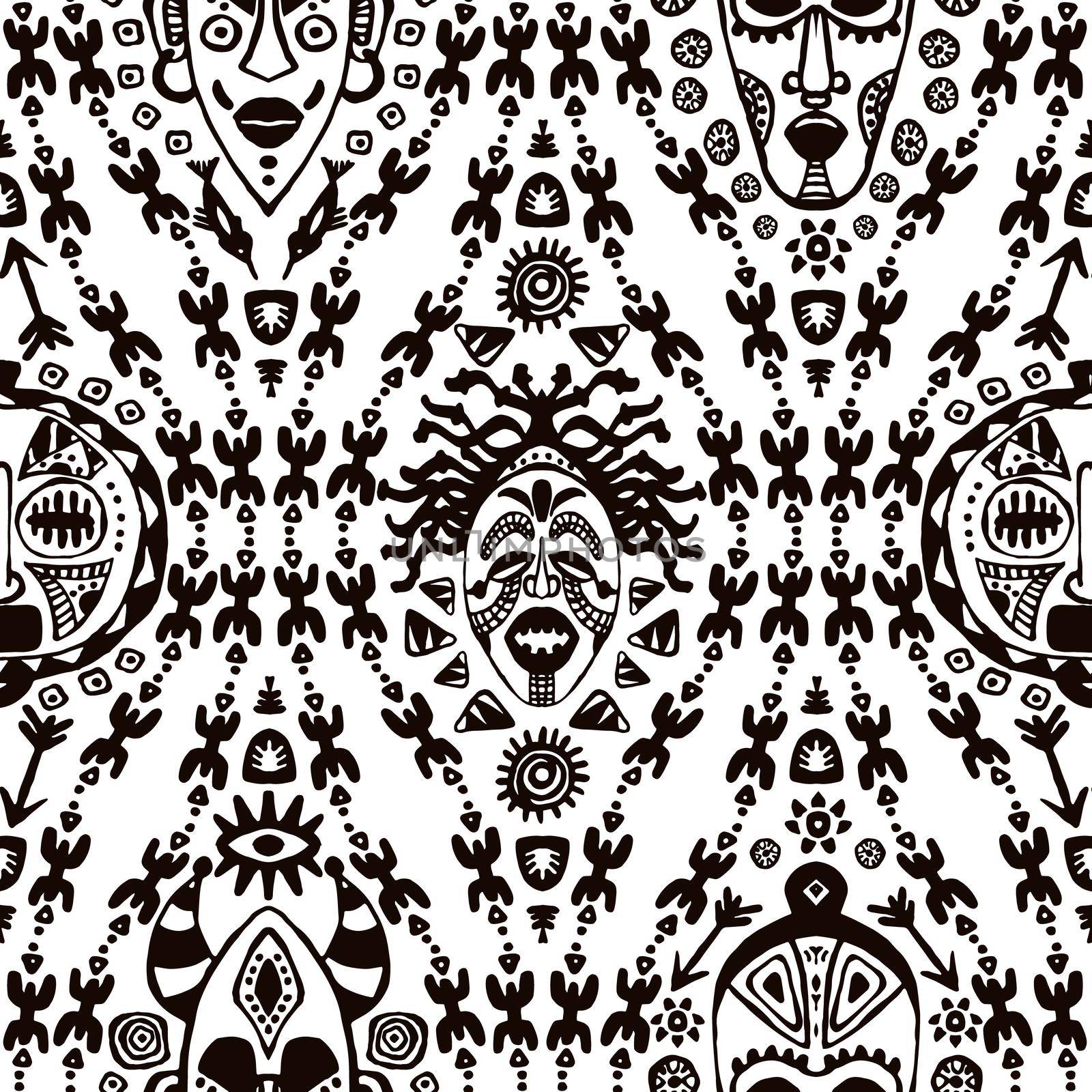 Hand drawn seamless pattern with Tribal mask ethnic. Sketch for your design, wallaper, textile, print. African culture. Fabric afro ornament. Coloful batik art. Black color on white background. by DesignAB