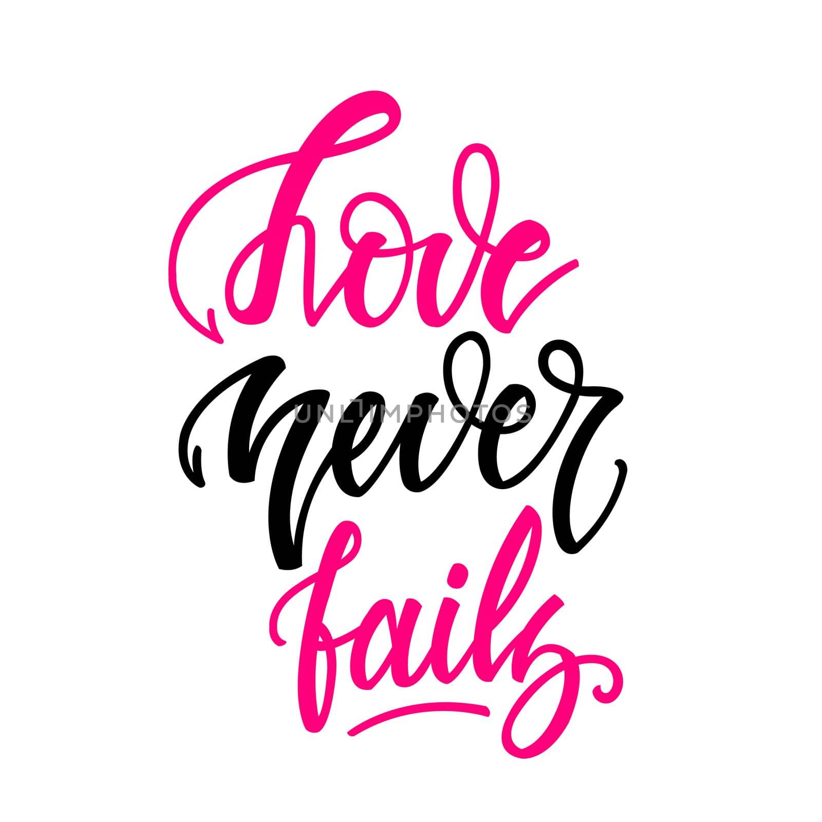 Love never fails. Inspirational romantic lettering isolated on white background. Positive quote. illustration for Valentines day greeting cards, posters, print on T-shirts and much more.