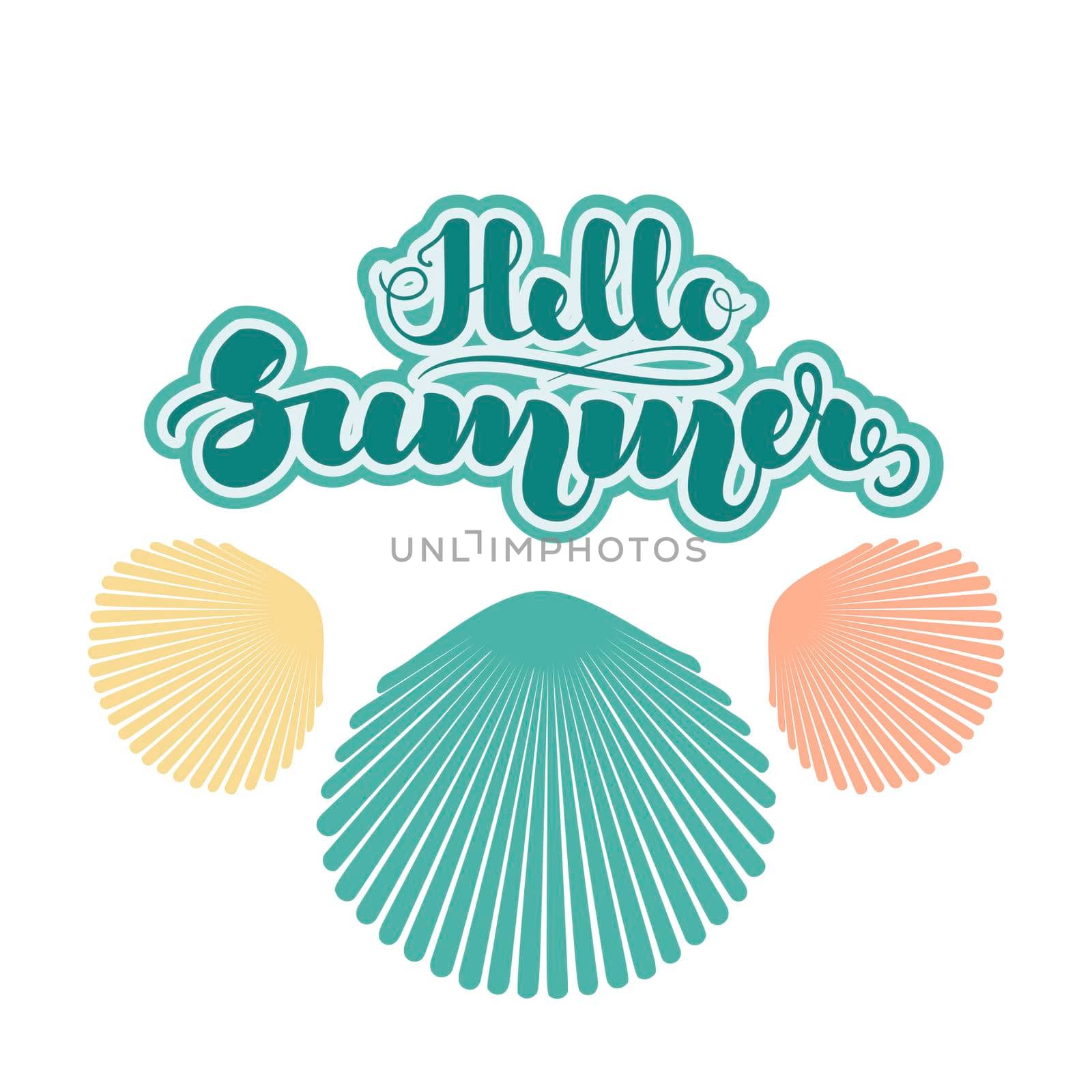 Colorful sea shells in flat style and handwritten lettering Hello Summer . illustration isolated on white background. .