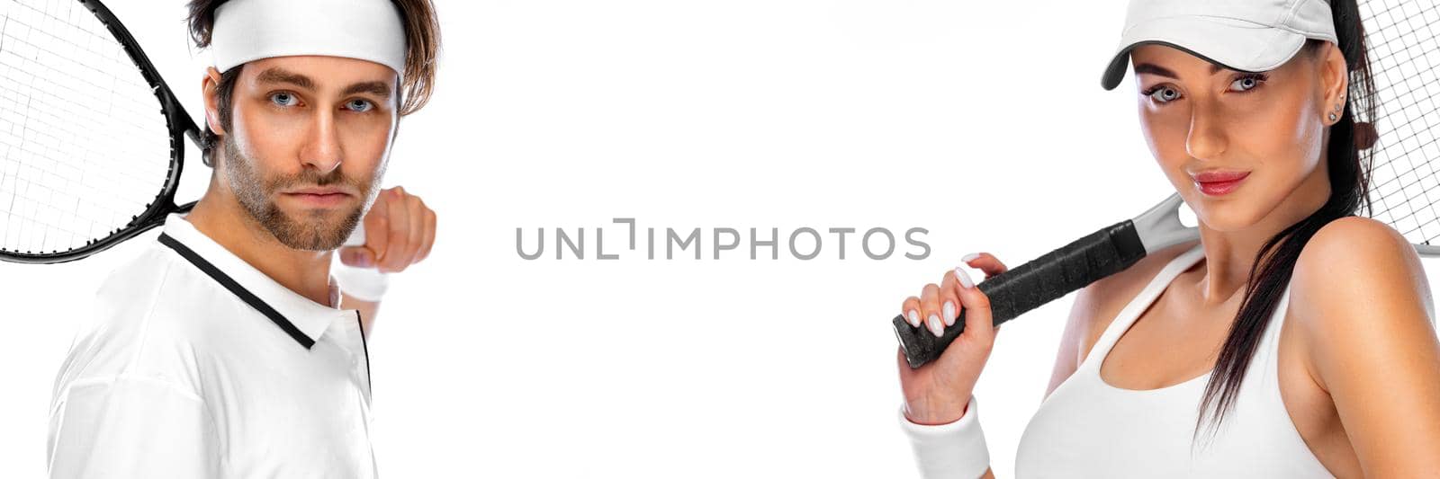 Tennis player with racket in white costume. Man athlete playing isolated on light background