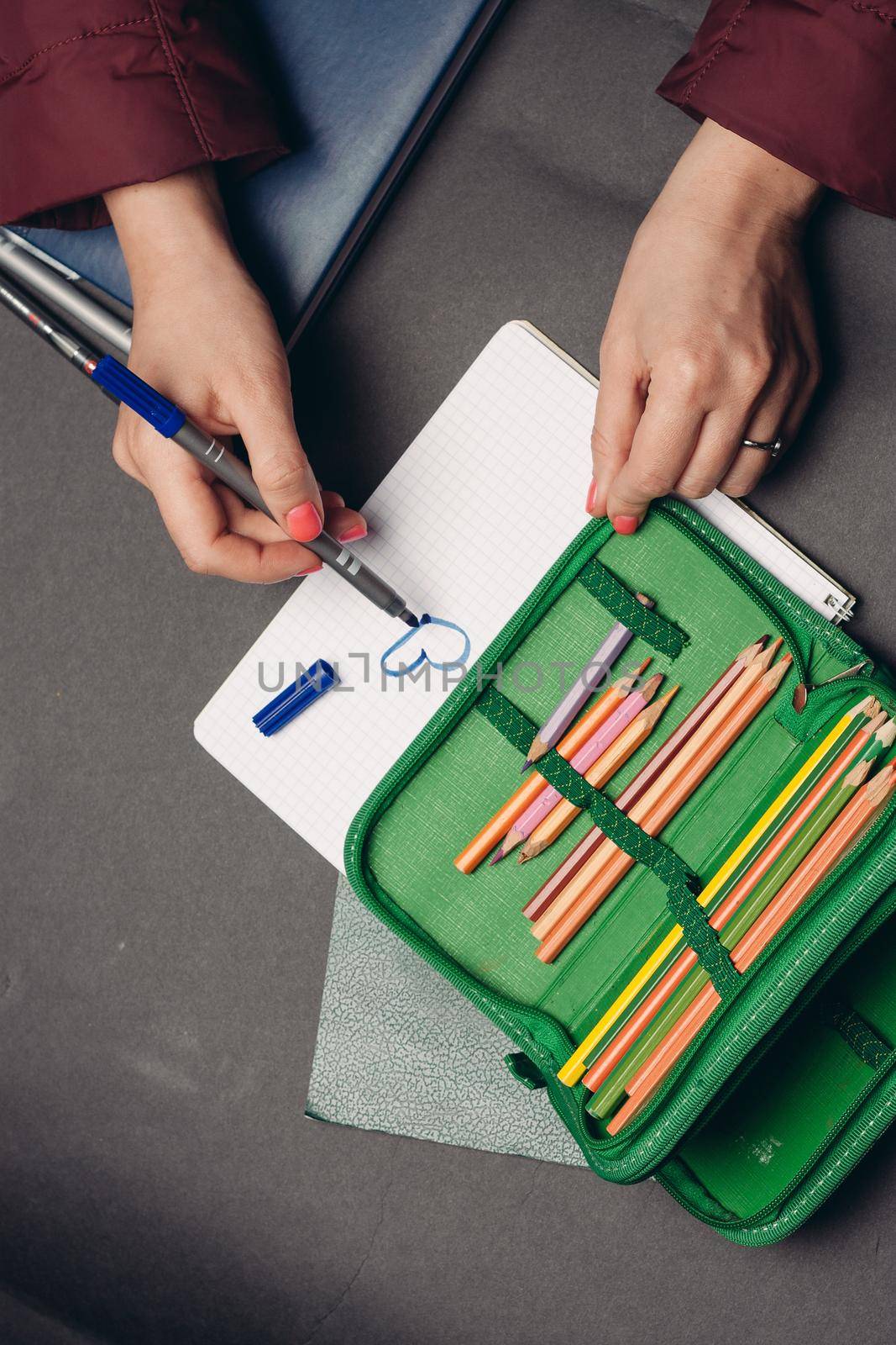 green pencil case with pencils design object school supplies by Vichizh