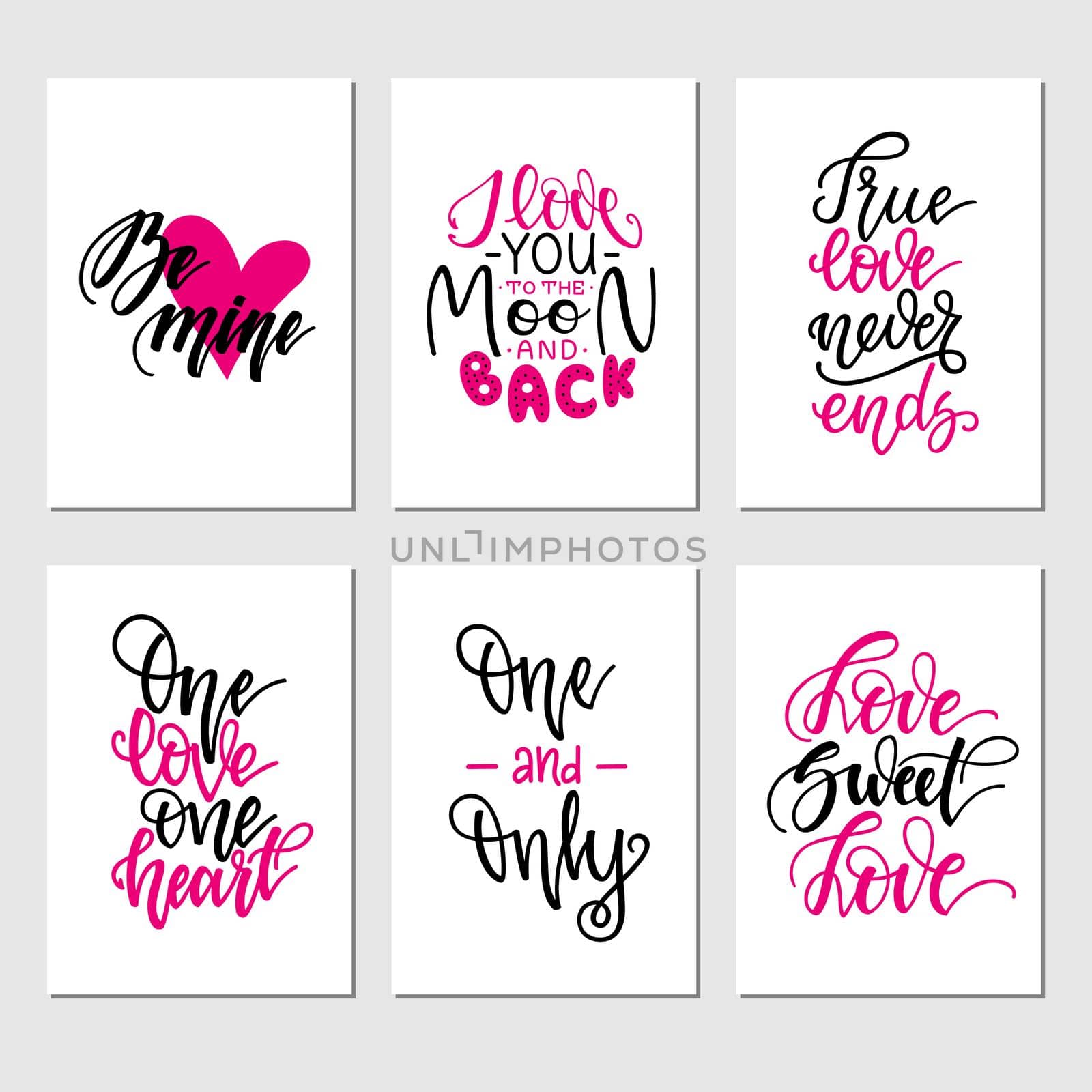 Set of inspirational romantic greeting card with hand lettering. illustration for Valentines day greeting cards, posters, banners and much more.