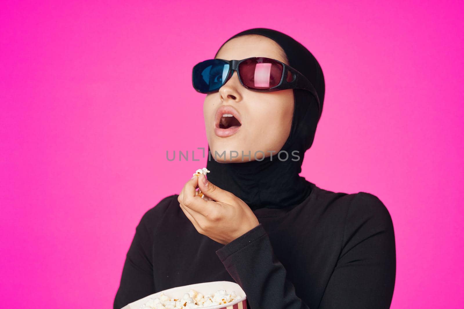 pretty woman attractive look popcorn glasses movie watching purple background by Vichizh