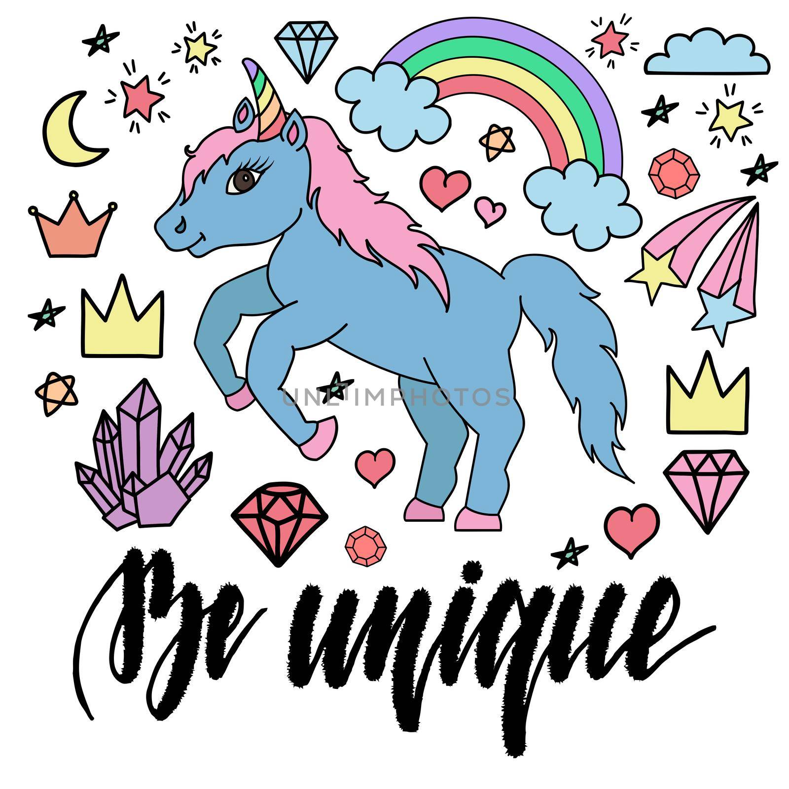 Cute unicorns and other elements. Set of illustrations in hand drawn, doodle style isolated on white background.