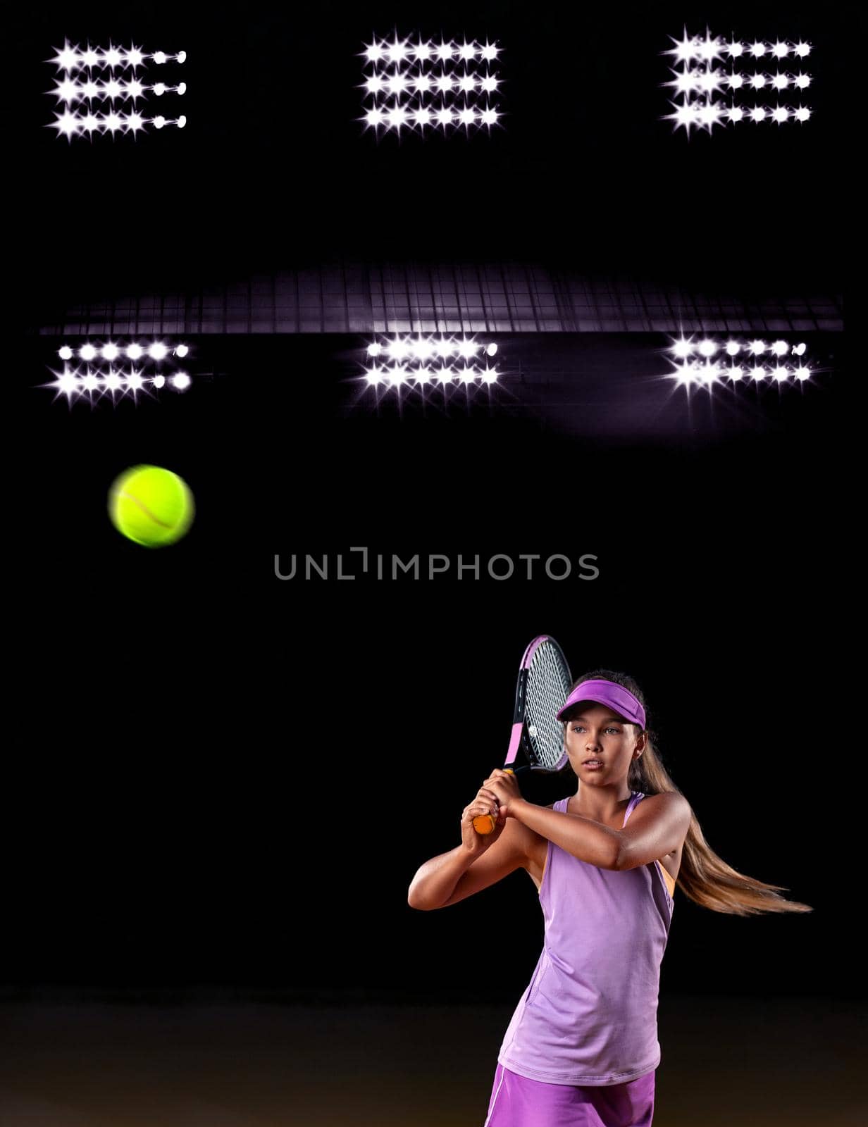 Portrait of kid - tennis player. Beautiful girl athlete with racket in pink sporswear and hat on tennis court. Fashion and sport concept. by MikeOrlov