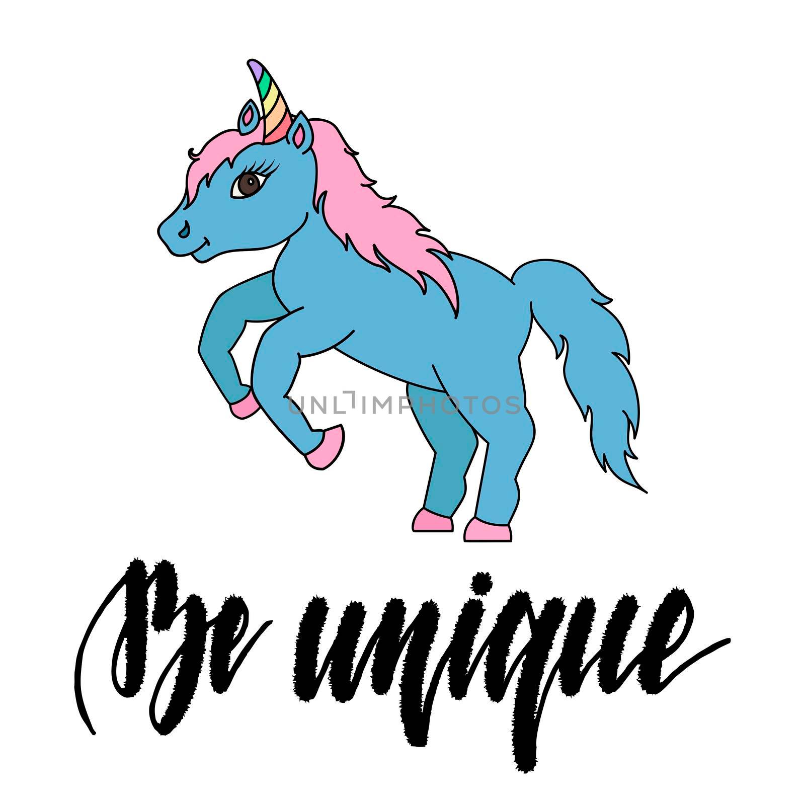 Hand drawn cute unicorn and lettering Be unique . illustration isolated on white background for posters, cards and much more.