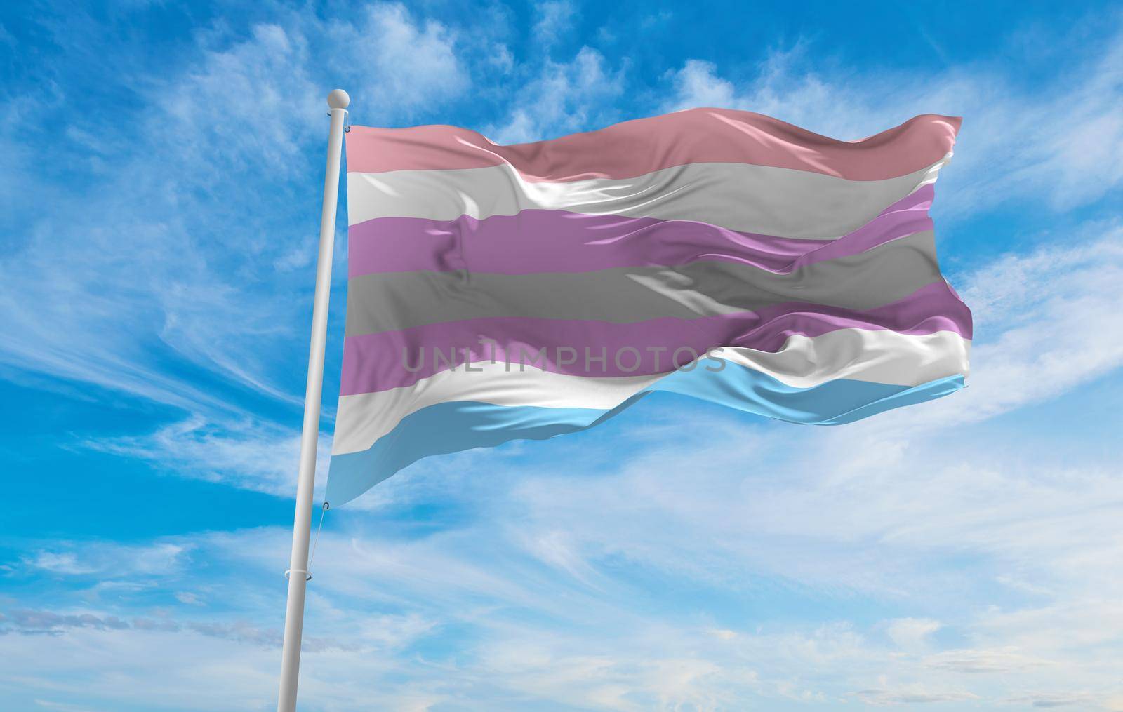 flag of Intergender waving in the wind at cloudy sky. Freedom and love concept. Pride month. activism, community and freedom Concept. Copy space. 3d illustration