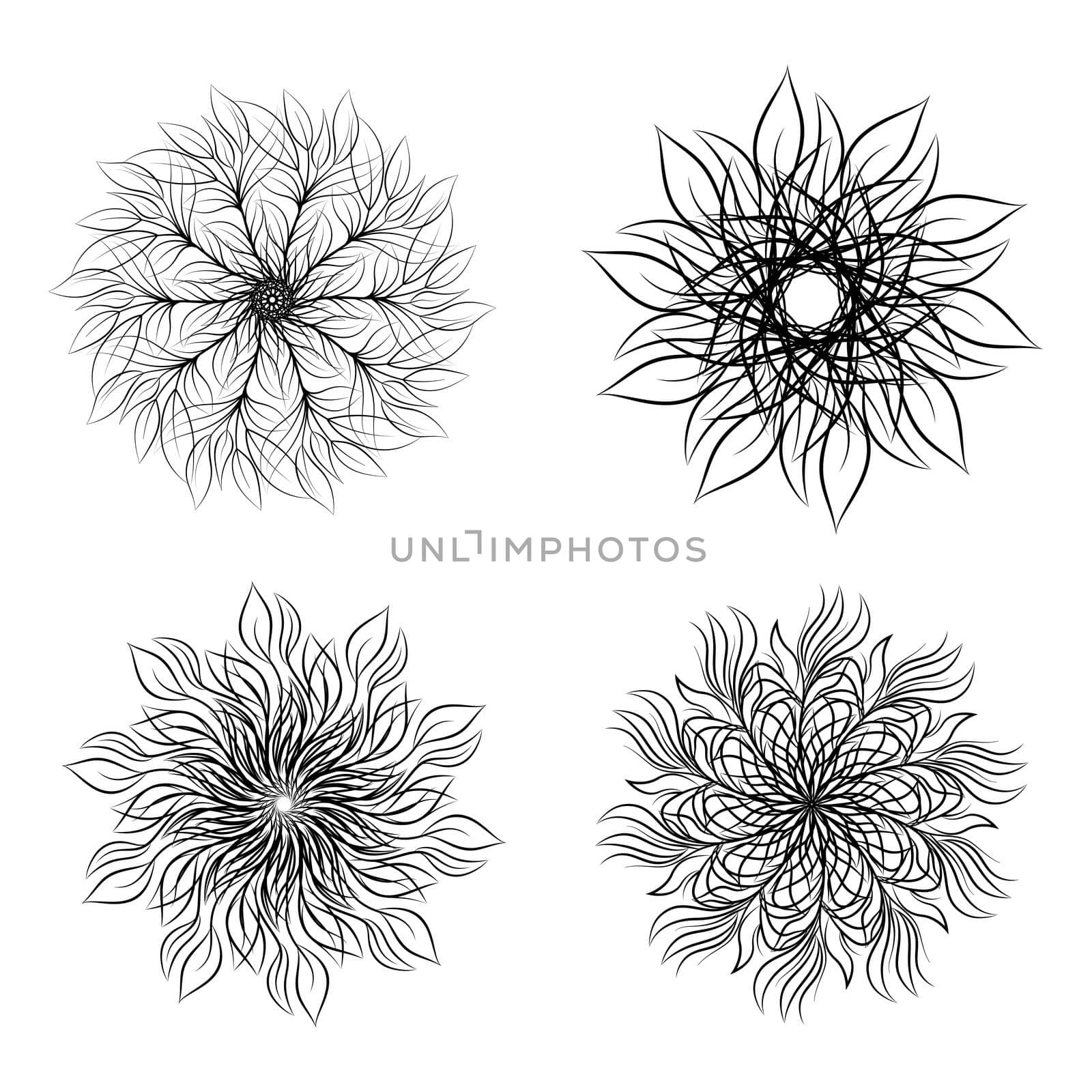 Set of round floral ornaments isolated on white background. Decorative design element. Outline illustration for invitation, greeting cards, print on T-shirt and other items.