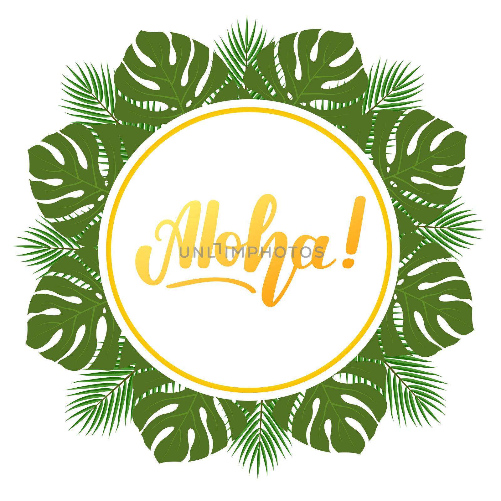 Round frame of tropical leaves with handwritten lettering Aloha . illustration isolated on white background.