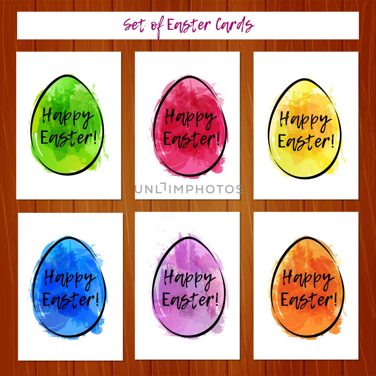 Set of Easter cards with colorful eggs on wooden background. Imitation of watercolor. Template for greeting Easter cards.