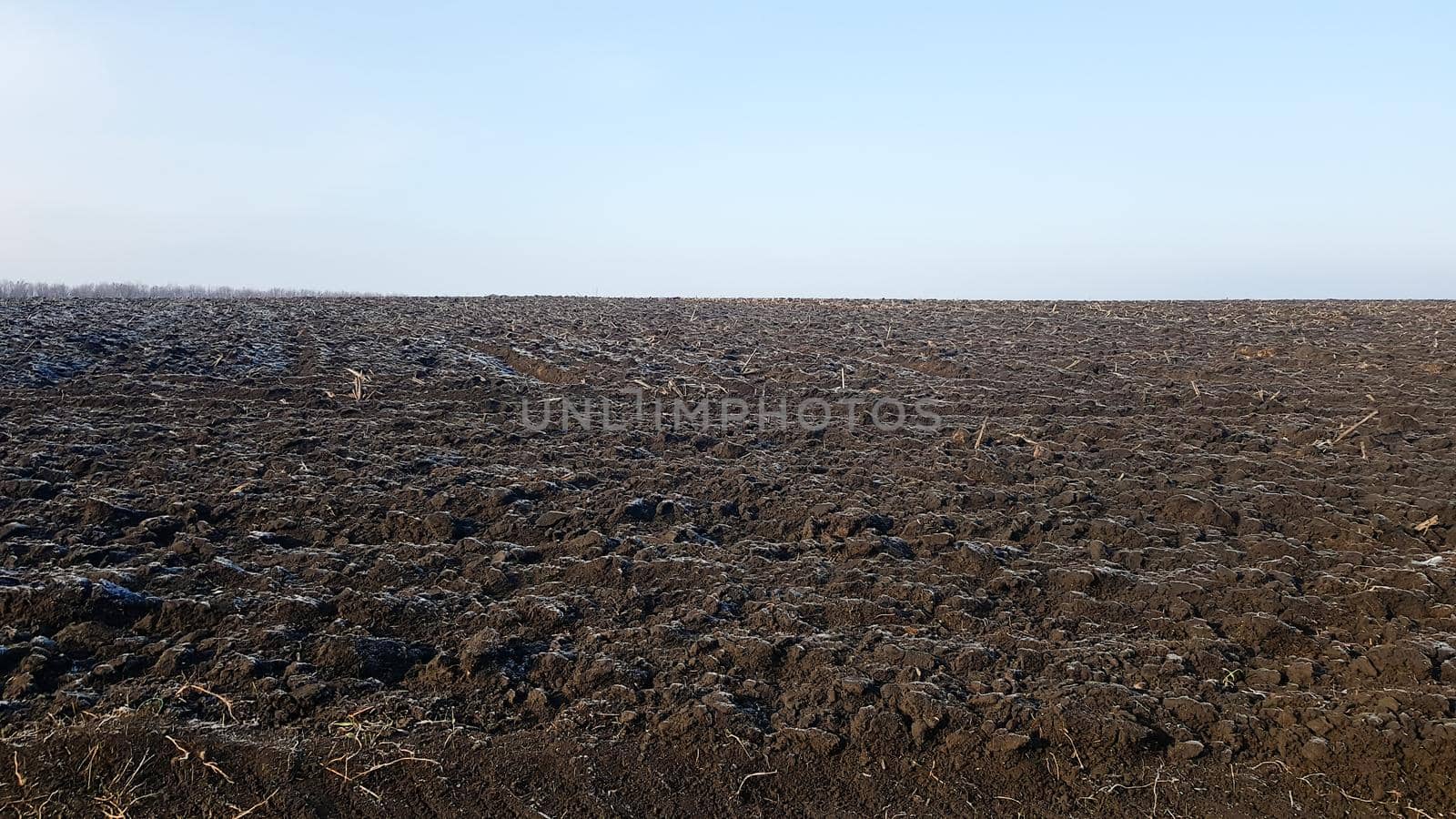 Agricultural field plowed by tractors under blue sky. The field has been plowed, crops have been sown. Close up of soil texture. Rural scene. Farming and food industry. Arable land of chernozem