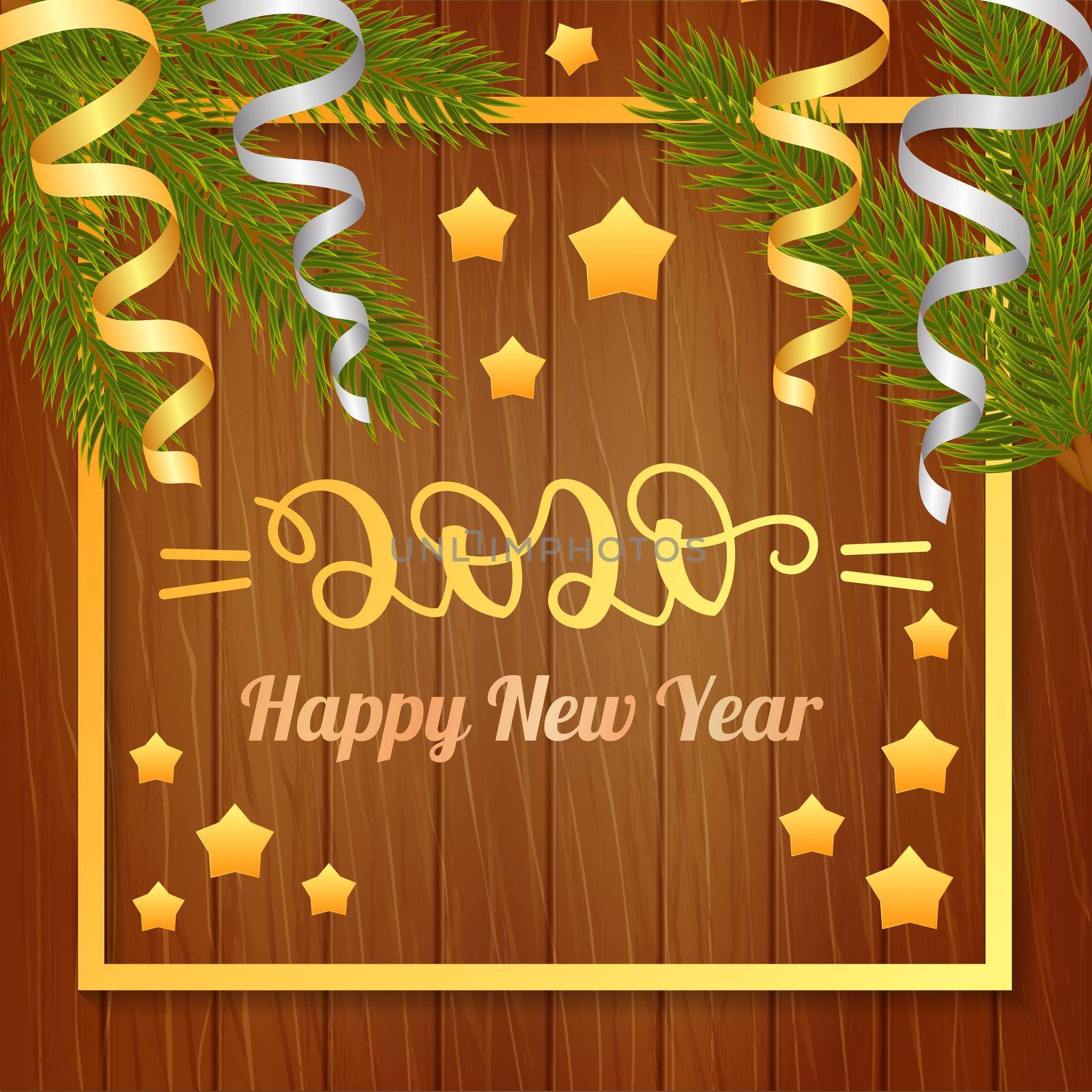 2020 Happy New Year. Lettering on wooden background with fir branches. illustrations for greeting cards, invitations, posters and other items.