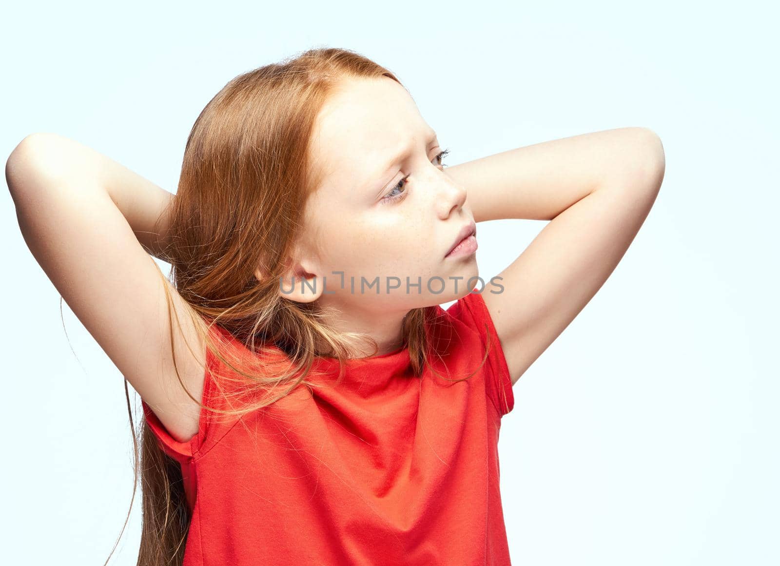 girl with red hair posing red t-shirt childhood by Vichizh