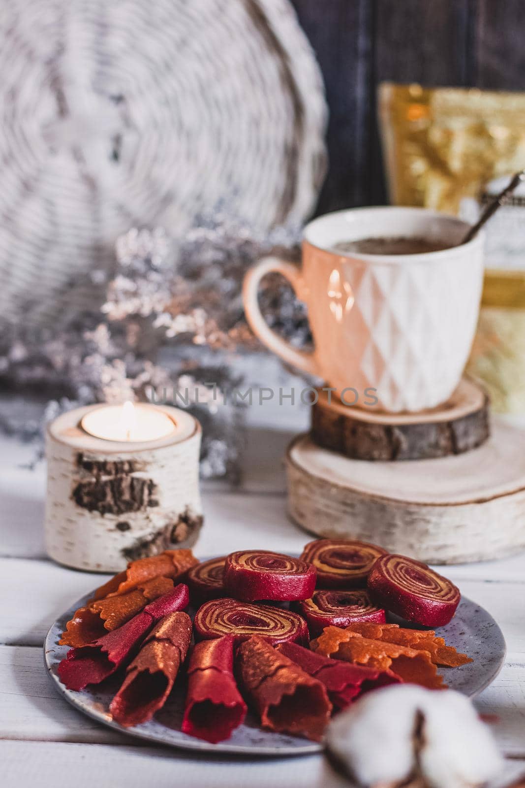 Fruit rolls pastille. Apple candy rolls, chips. Shredded and dried fruits. Useful sweetness. Food dessert. Homemade snack. Degidrated fruits. Natural and healthy, Sugar-Free, nutrition.