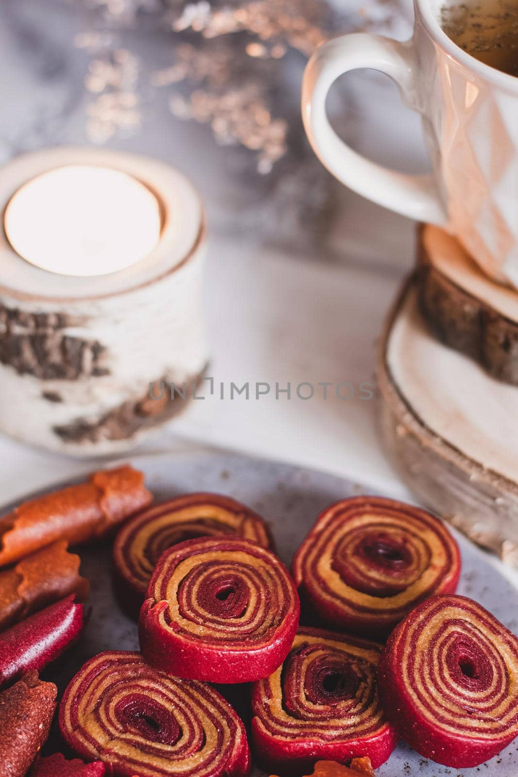 Fruit rolls pastille. Apple candy rolls, chips. Shredded and dried fruits. Useful sweetness. Food dessert. Homemade snack. Degidrated fruits. Natural and healthy, Sugar-Free, nutrition.