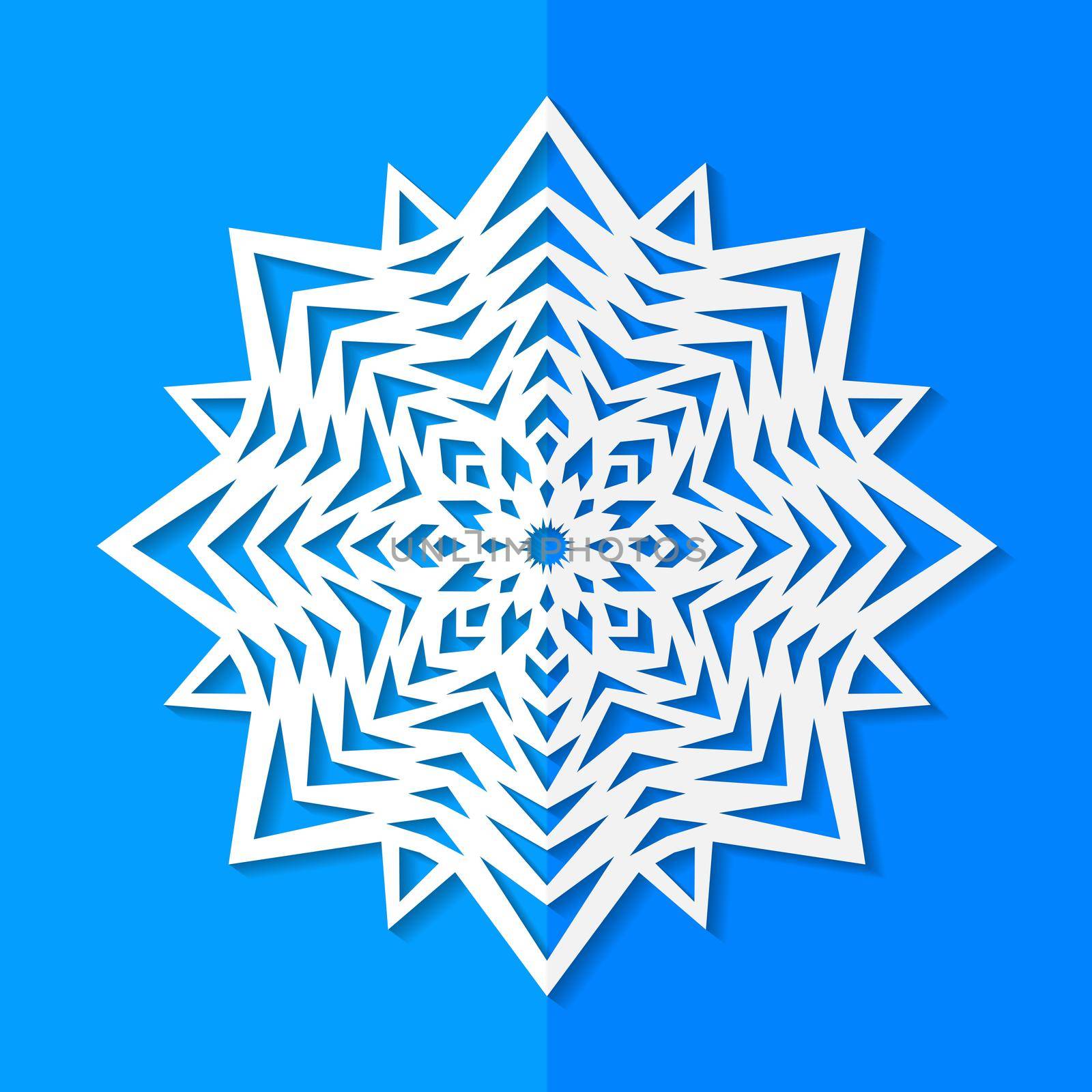 illustration of white paper snowflake on blue background.