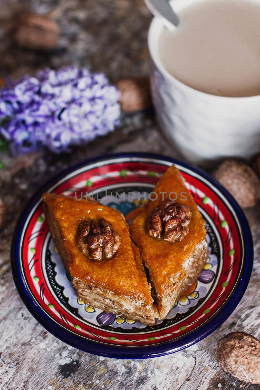 Assorted baklava. A Turkish ramadan arabic sweet dessert on a decorative plate, with coffee cup in the background. Middle eastern food baklava with nuts and honey syrup.