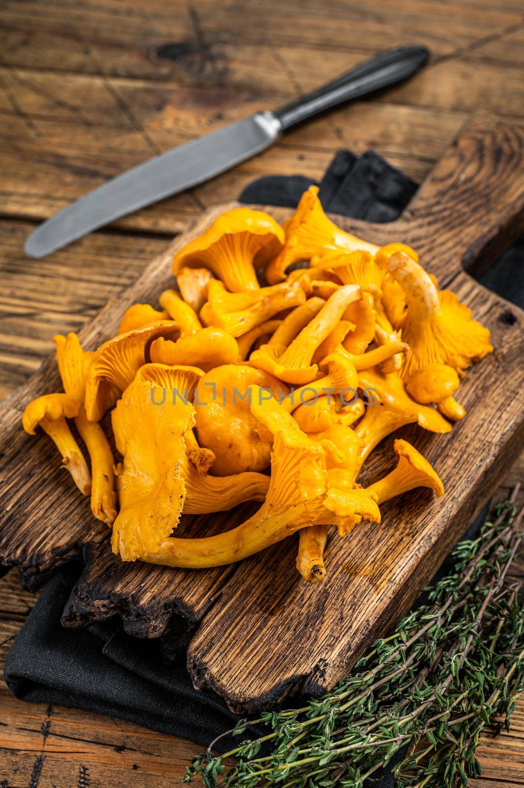 Wild Raw uncooked Chanterelles mushrooms on a cutting board. Wooden background. Top view by Composter