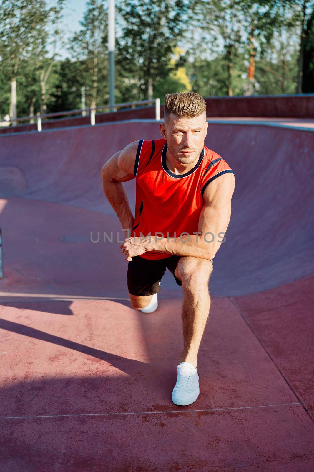 athletic man workout exercise fitness sportfit fresh air. High quality photo