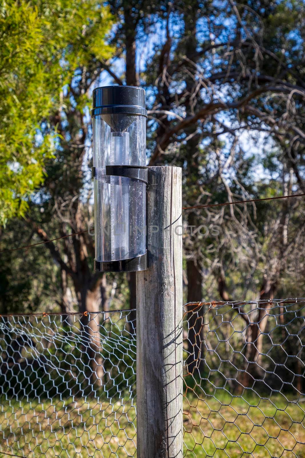 A rain gauge bolted to a wooden fence posts near trees