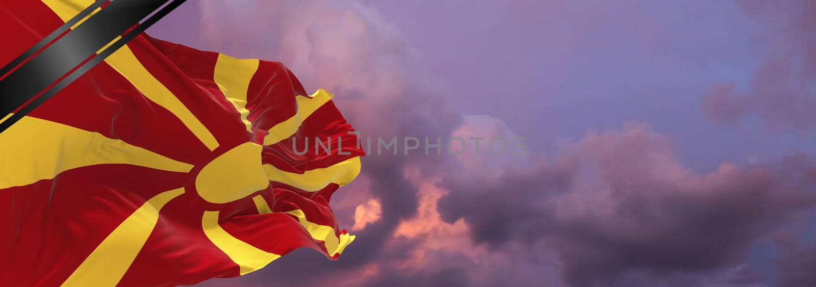 national flag of Macedonia with Mourning Ribbon. memory of victims of war, terrorist attack, coronavirus. Black funeral ribbon on flag Honoring memory of victims. 3D illustration.