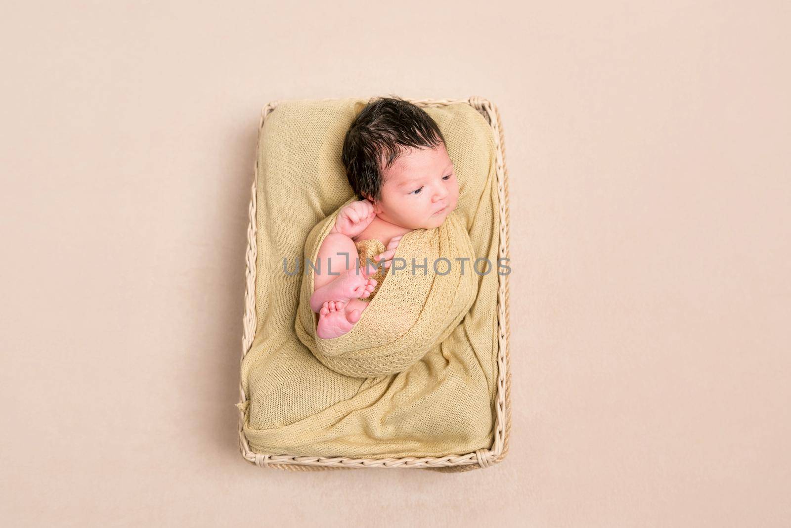 Wrapped from head to toe black-haired baby in a child's basket, resting with eyes opened